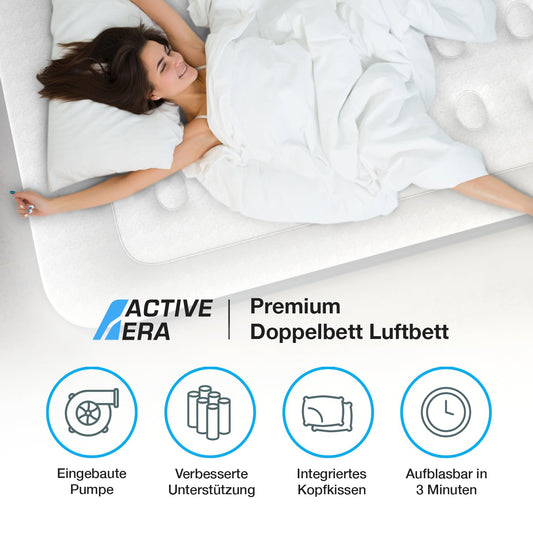 Active Era Premium Queen Size Air Mattress, self-inflating air bed with built-in electric pump & built-in pillow, inflatable mattress for camping & guest bed - 203 x 152 x 43cm