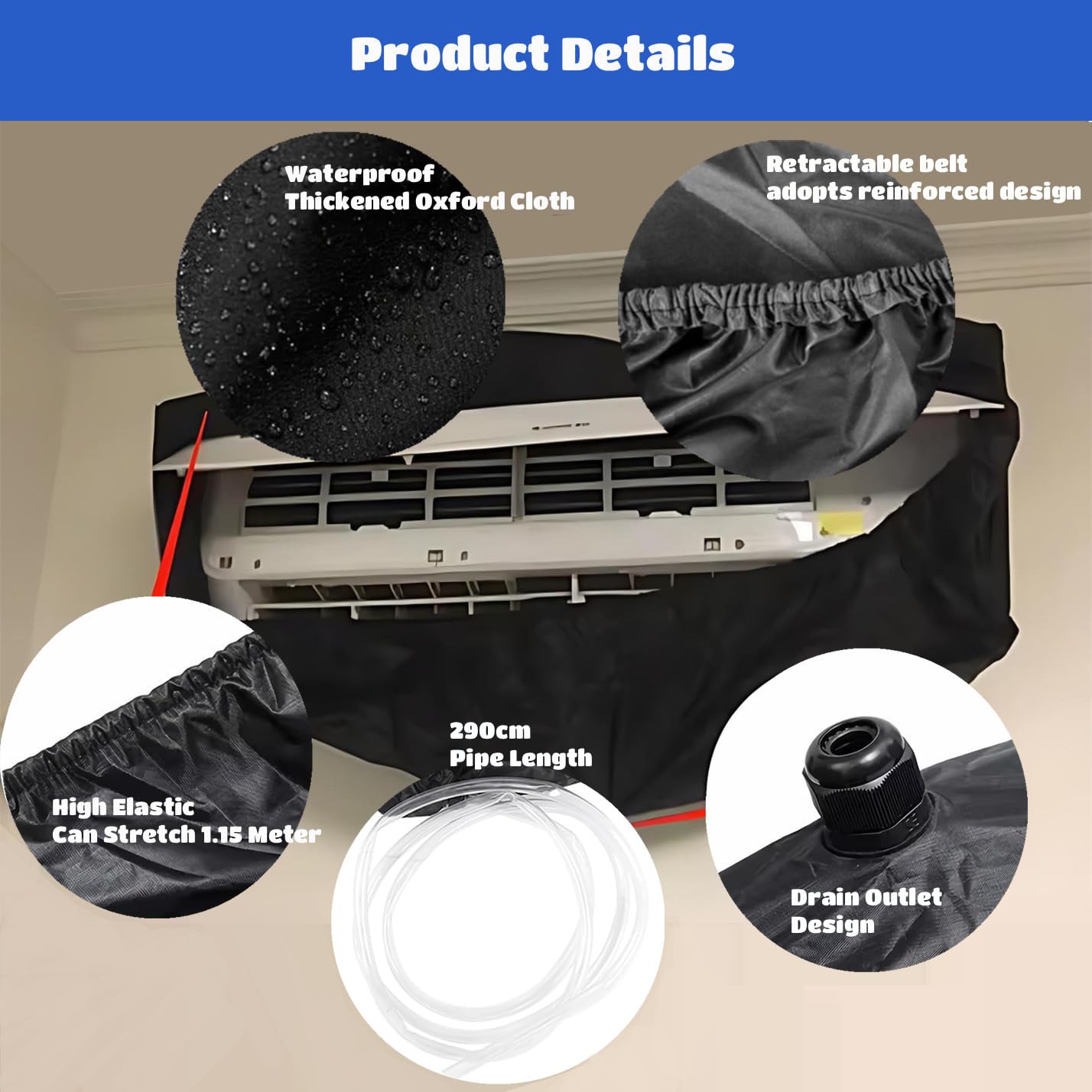 Air conditioning cleaning bag, Black Waterproof Cover for cleaning indoor units of air conditioners, with 2.9m water pipe, for home office dorm restaurant.
