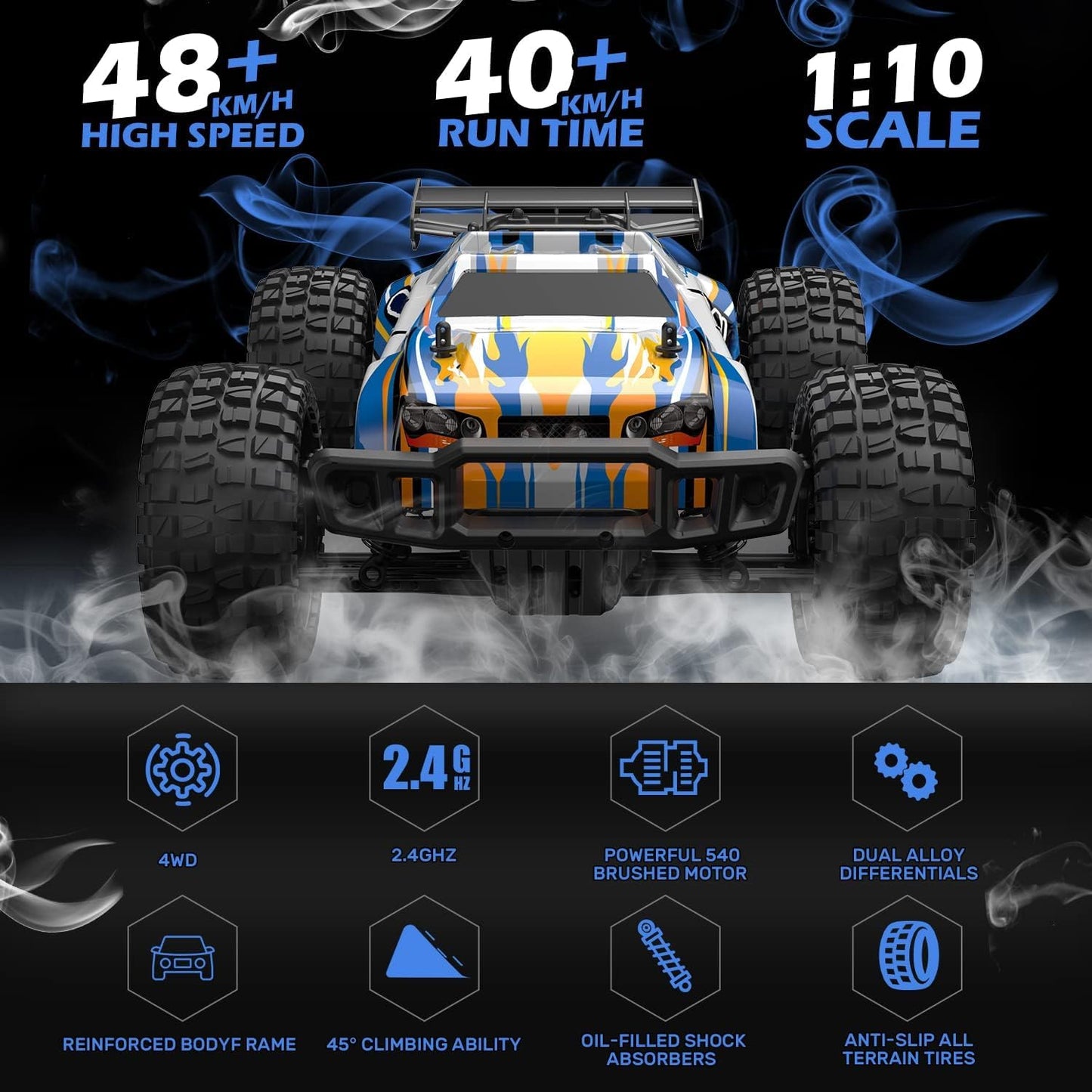 DEERC 9205E RC Car 1:10 Remote Control Car 48 km/h High Speed 4WD Monster Truck Buggy Offroad Crawler with 2 Batteries, 2.4GHz Remote Control Toy for Kids & Adults.