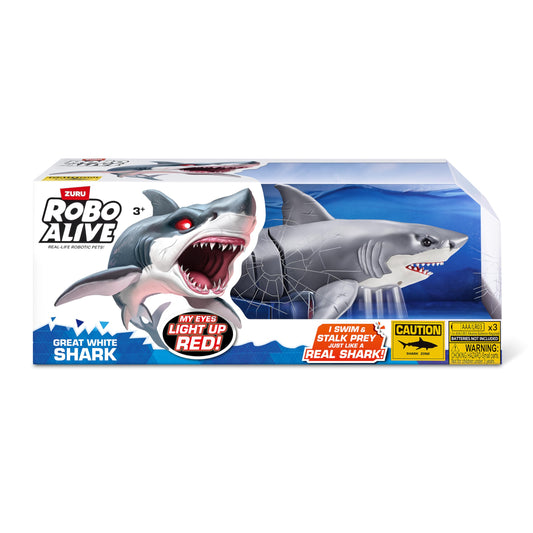 Robo Alive Great White Shark Series 1 by ZURU, battery-operated robot shark toy with light-up feature, perfect for summer pool fun, bath time toy, shark lovers.