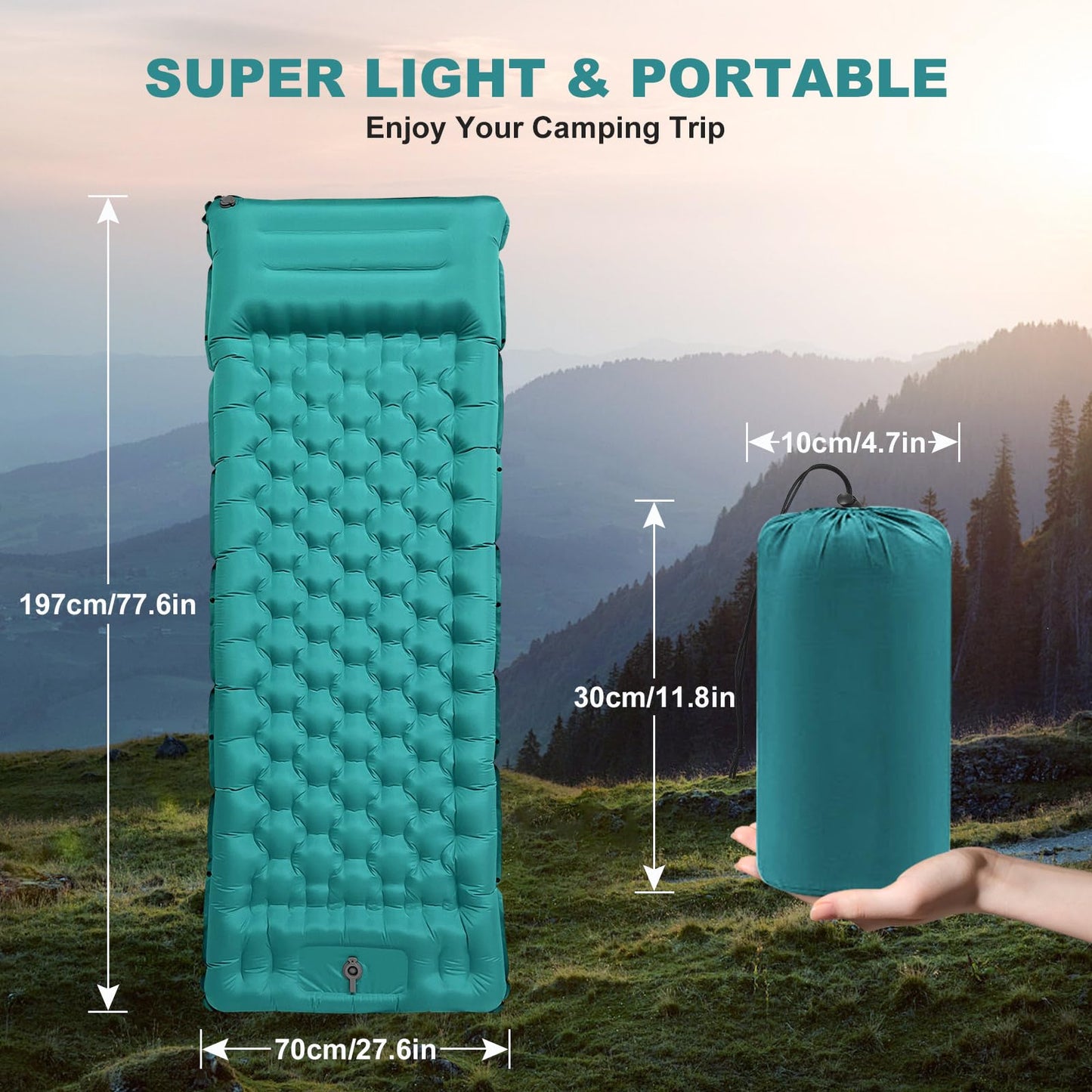 SHANNA Camping Air Mattress: Extra Thick 12cm Ultralight Self-Inflating Lightweight and Compact Inflatable Mattress with Built-in Pump, Ideal for Hiking (Peacock Blue)