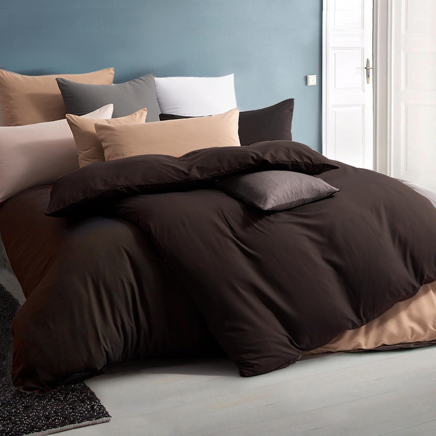 Soifox bedding set 155x220 4 piece Brown - 2 duvet covers 155x220 + 2 pillowcases 80x80 Soft and wrinkle-free microfiber with zipper closure (4 PCS. 155 x 220 cm, Brown)