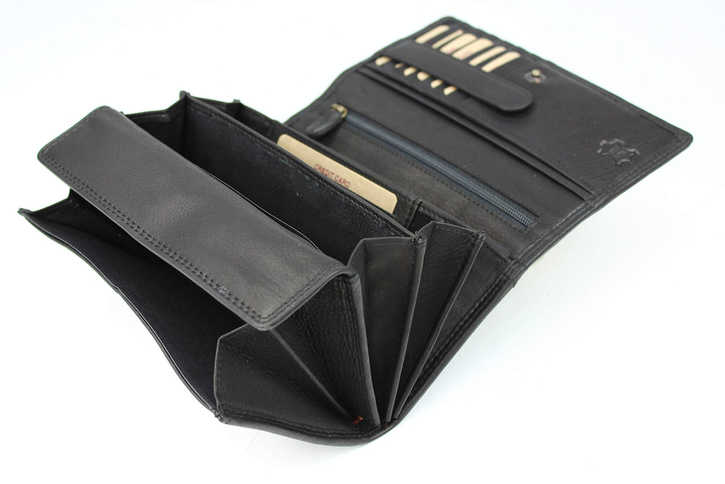High-quality large vintage leather women's wallet with extra compartments in black - 17.5x10x4cm (W x H x D). Made of soft leather.