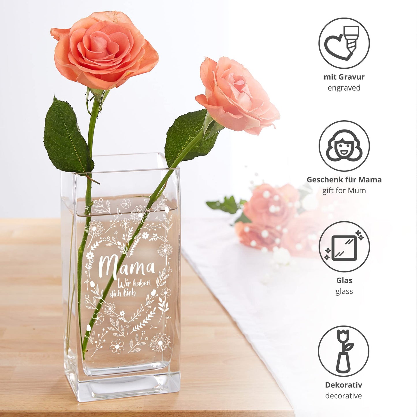 Flower vase for mom: Engraved vase, Mother's Day gift, Square glass vase for the best mom, Flower heart decor vase as a gift for mom, Modern tulip vase, Glass table decoration, Birthday gift