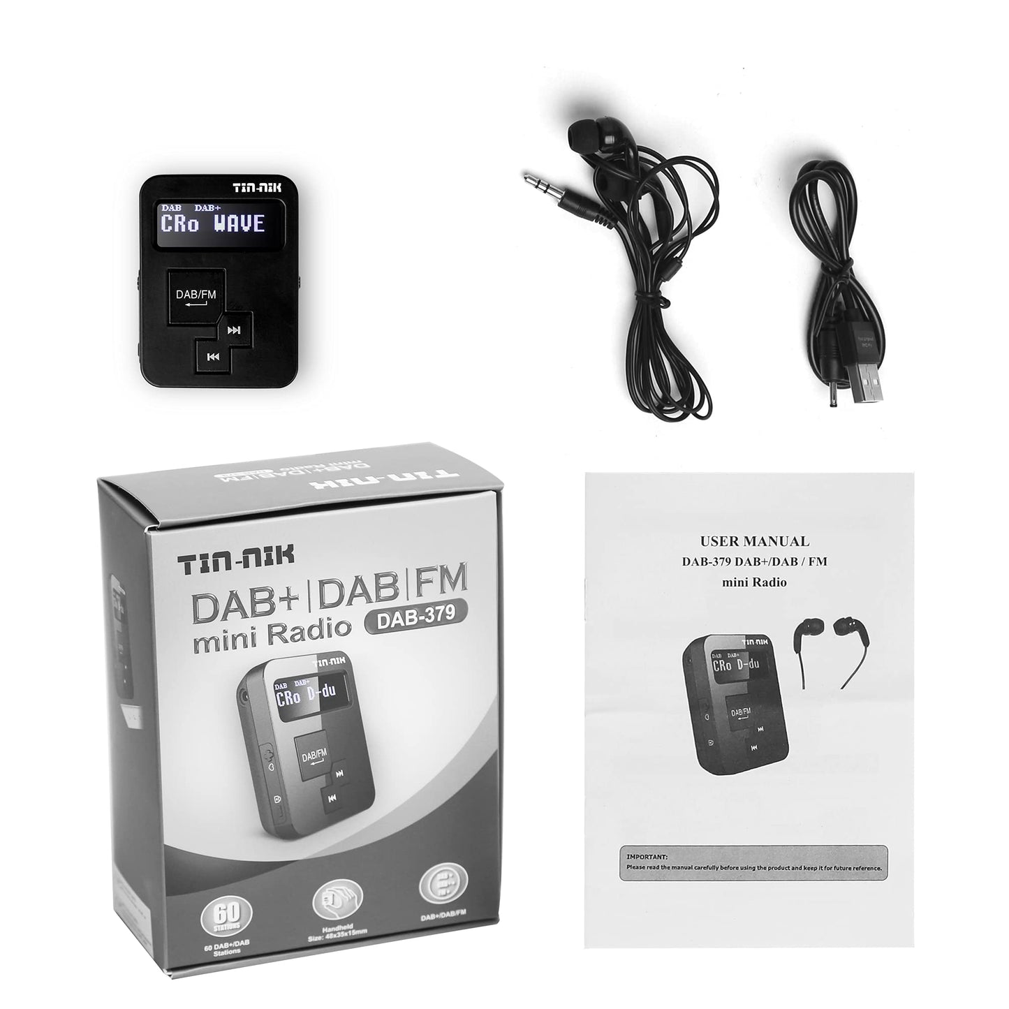 Tin-Nik DAB-379 Portable Digital DAB+/DAB/FM Mini Radio - Pocket DAB for sports, walking, running, or cycling, rechargeable battery, stereo headphones included.
