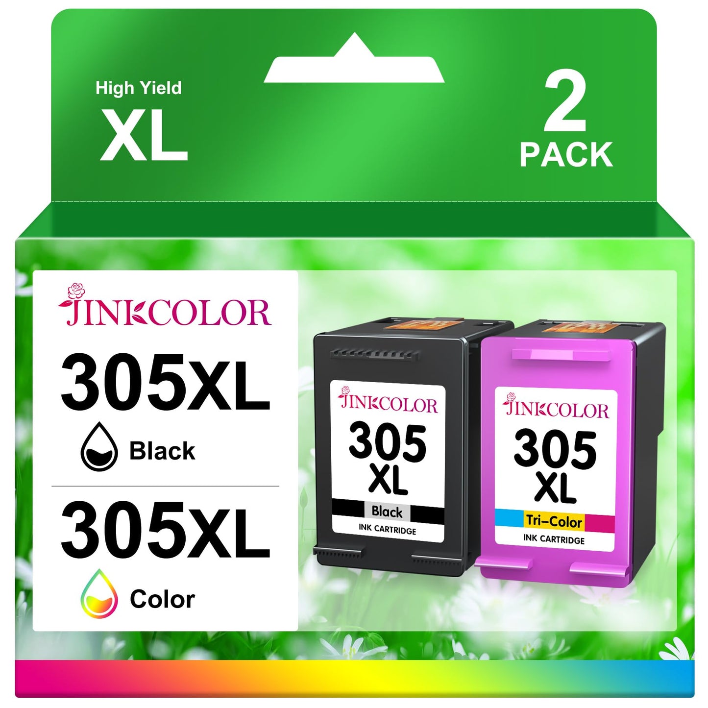 JINKCOLOR 305XL ink cartridges Combo Pack for HP 305 ink cartridges for DeskJet 2710 2720 DeskJet Plus 4100 4130 Envy 6010 6030 Envy Pro 6420 6430 printers (1 Black 1 Color)