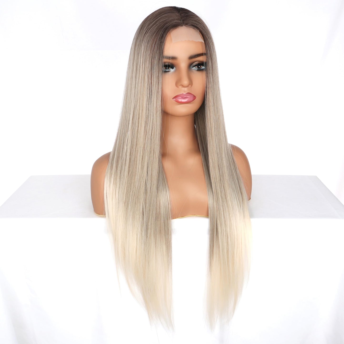 PORSMEER Ombre Blonde Wig Long Straight Lace Front Wigs for Women/Girls Natural Synthetic Brown Blonde Mix Wig for everyday wear or costume.