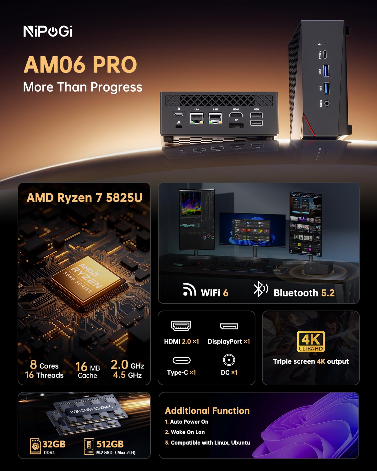 The NiPoGi AM06 PRO Mini PC features AMD Ryzen 7 5825U processor (8C/16T, up to 4.5 GHz), 32GB DDR4 RAM, 512GB M.2 SSD, WiFi 6, RJ45 Dual LAN, 4K Triple Display support. Perfect for school/office/HTPC with VESA mount.