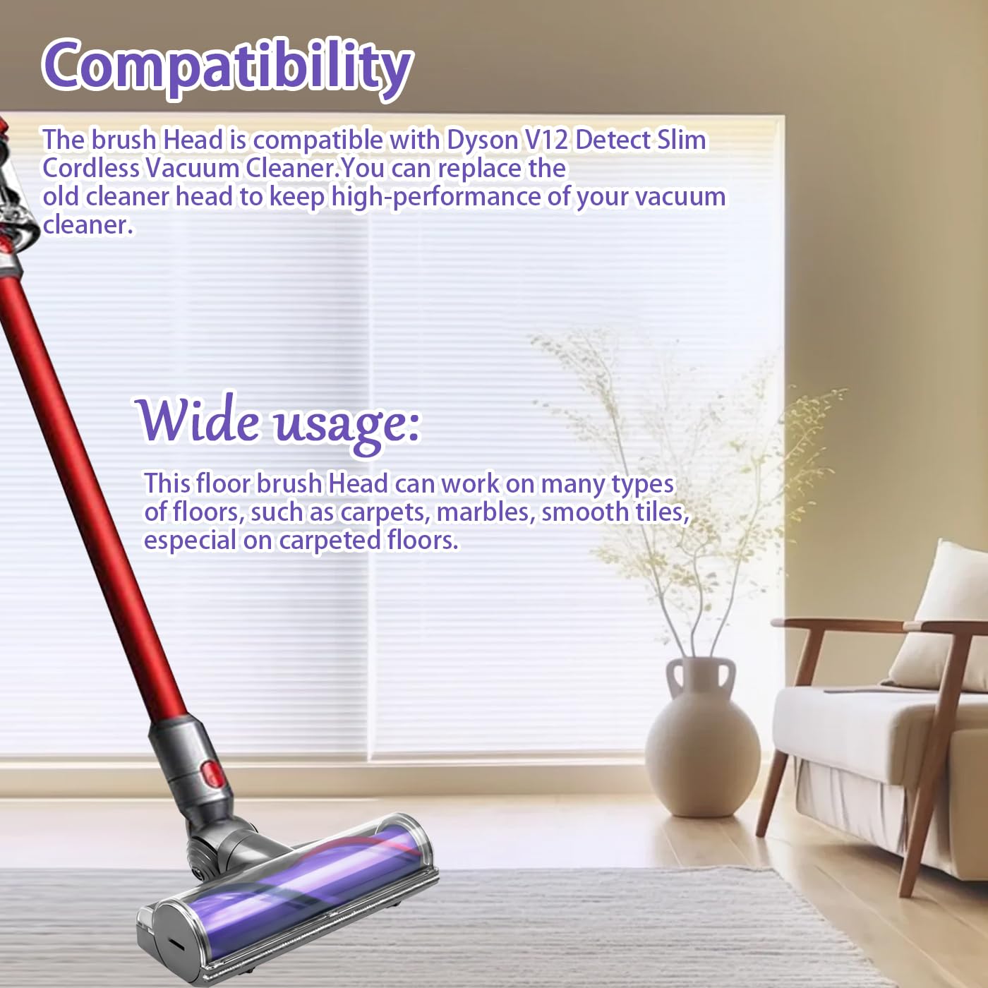 Electric brush for Dyson V12 Detect Slim V10 Digital Slim, replacement direct drive cleaner head turbine floor nozzle for Dyson V12 Slim V10 Slim, accessory turbo brush for hard floors and carpets.