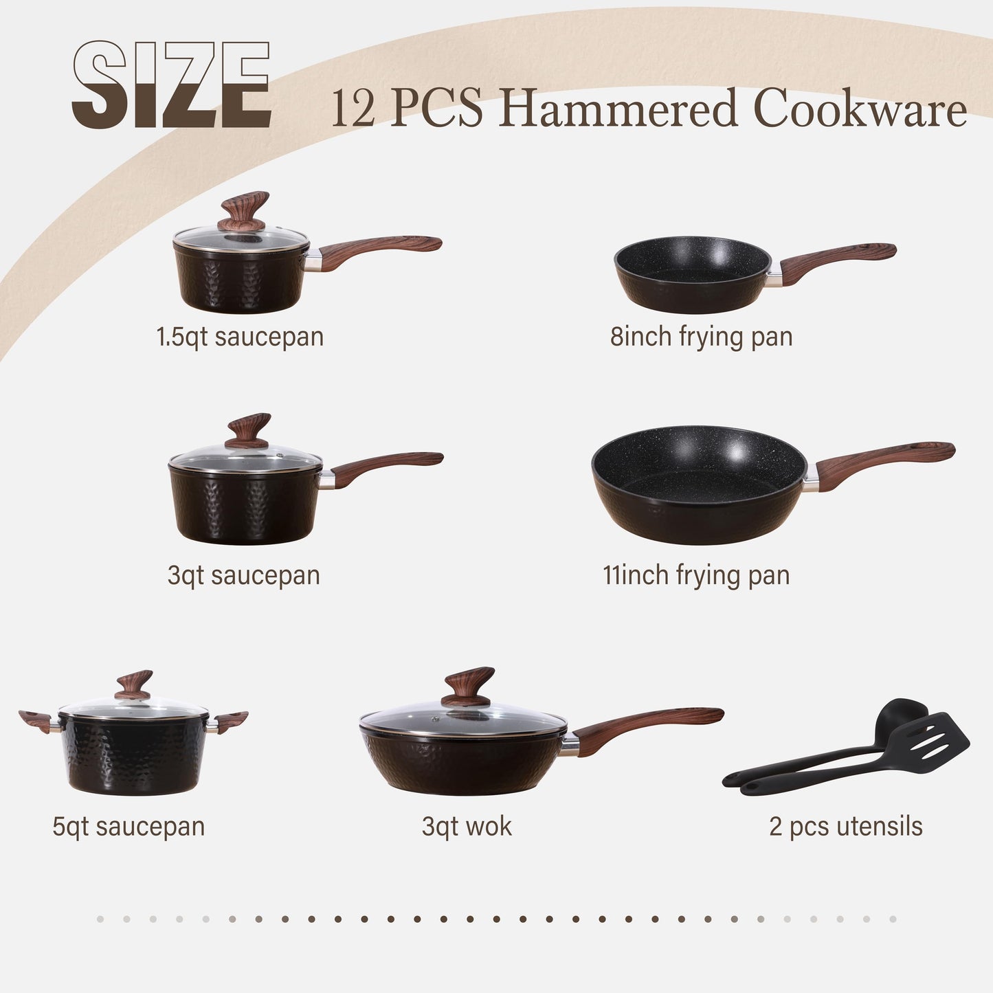 Kitchen Academy Induction Cookware Set - 12-piece Nonstick Cookware Set, Black Granite Pots and Pans Set