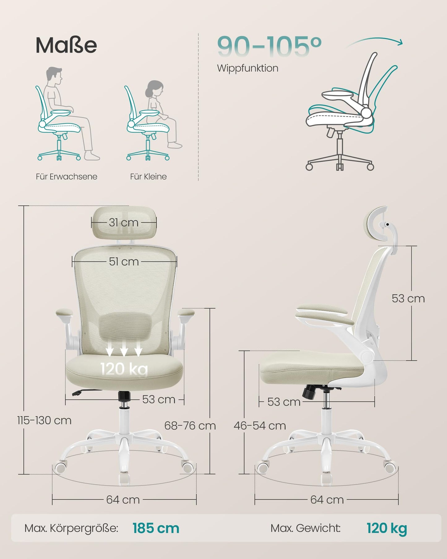 SONGMICS ergonomic office chair with mesh, lumbar and headrest, rocking function, 53 cm wide seat, foldable armrests, for office and bedroom, students, cappuccino beige OBN047K01.