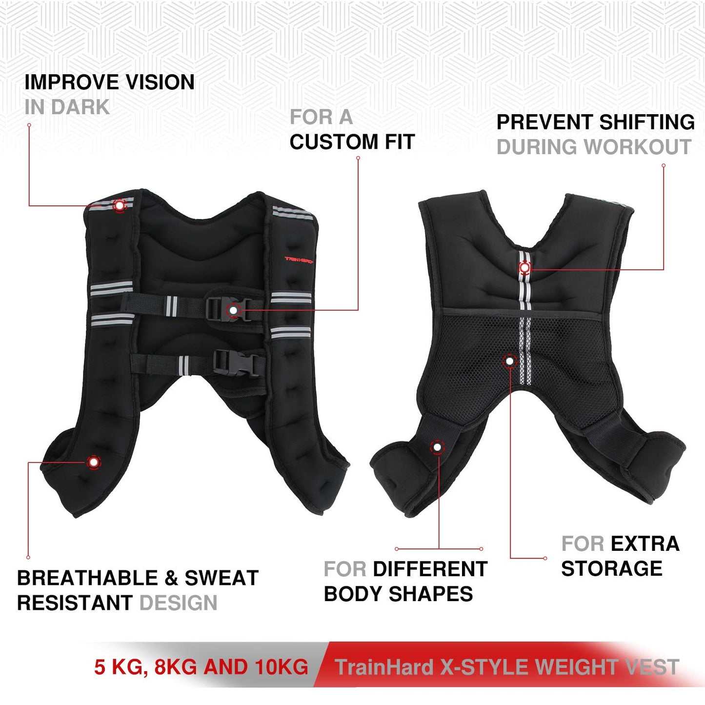 TrainHard 5 KG / 8 KG / 10 KG weight vest, X-Style running vest, training vest for strength training, running, fitness, cross training (8 KG)