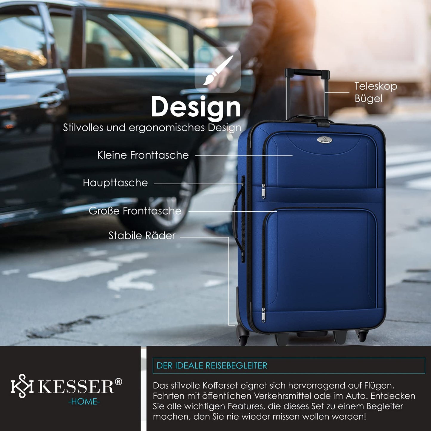 KESSER® 4pc Trolley Luggage Set | Travel Suitcase Set with Wheels | Complete Business 4pc Set | S M L XL | Mesh Pocket | Telescopic Handle | Fabric Travel Bags | Carry-on | Blue