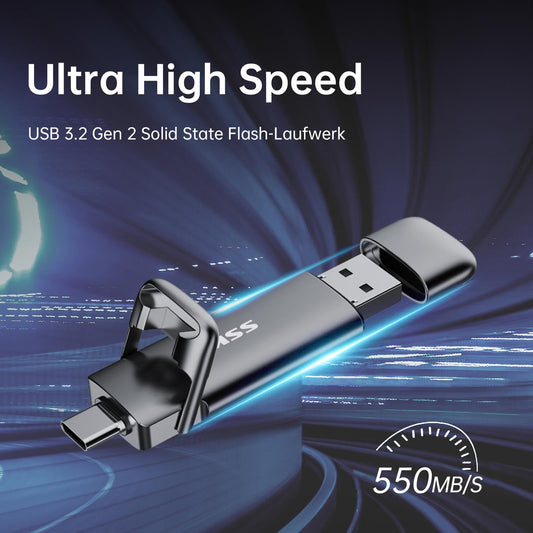 SSK USB C External SSD 128GB, with up to 550 MB/s Extremely fast USB stick, Dual-USB Type C + USBA USB3.2 Gen2 memory stick for Android phone, laptop, tablet, Mac.