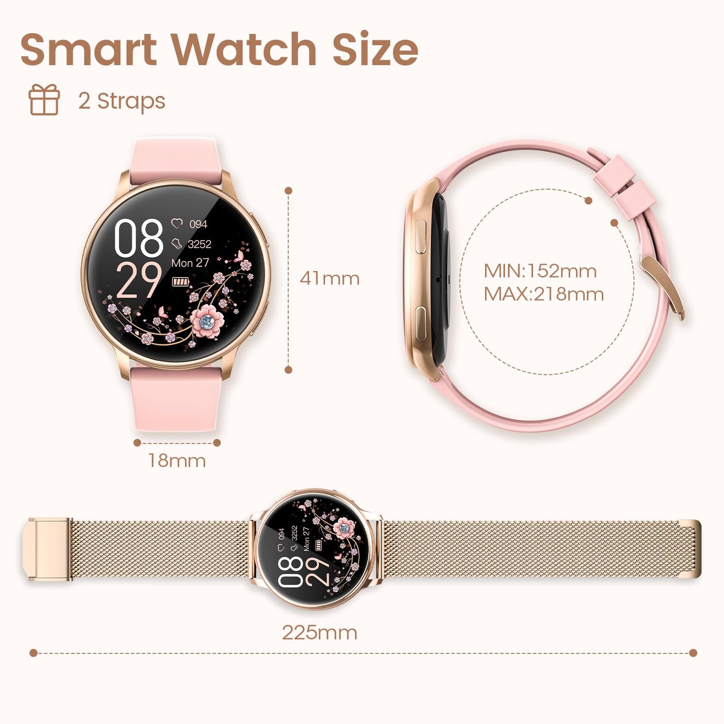RUXINGX Women's Smartwatch with phone function 1.32" HD Full Touch Screen, watch with SpO2 heart rate monitor menstrual cycle sleep monitor step counter calories fitness tracker IP68 iOS Android Rose Gold