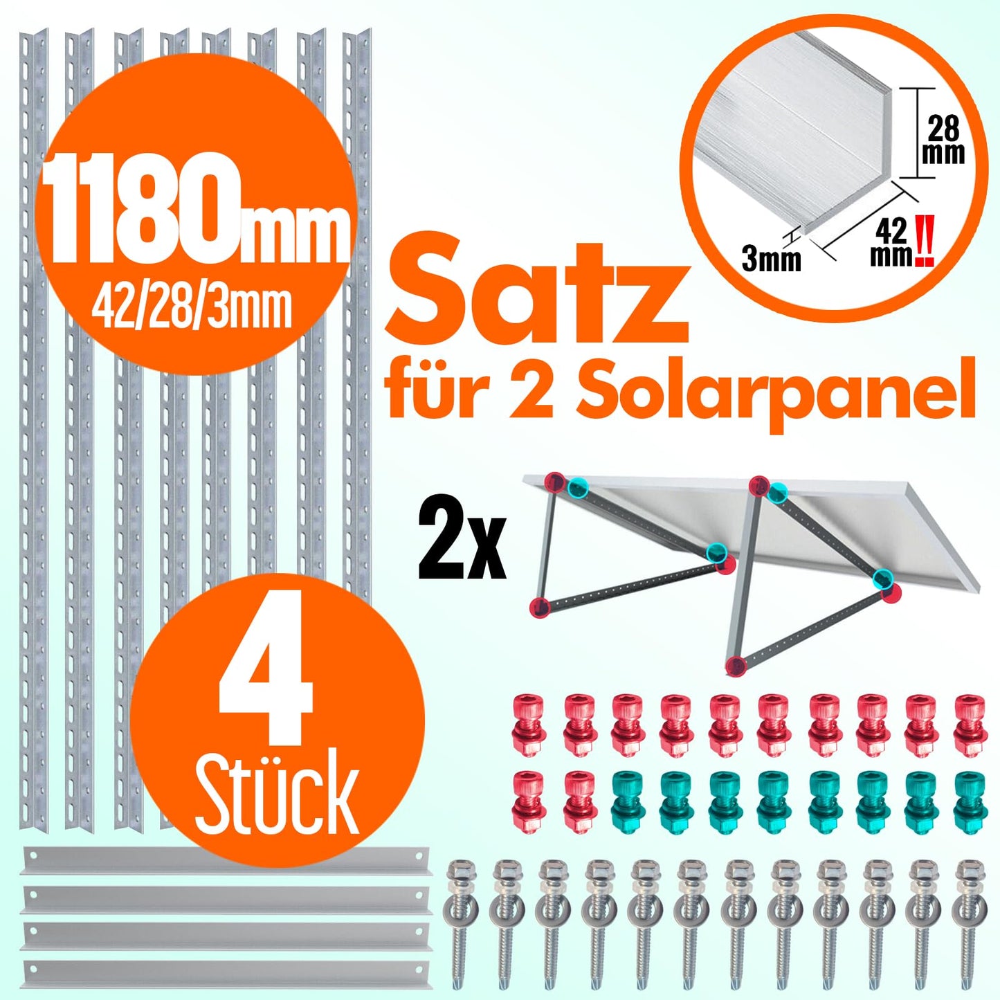 4x Solar Panel Mounting 1180mm Set for 2 Solar Panels Solar Panel Flat Roof Mounting Photovoltaic Universal Balcony Power Plant Robust Wall Flat Roof Installation, Weatherproof, PV Modules