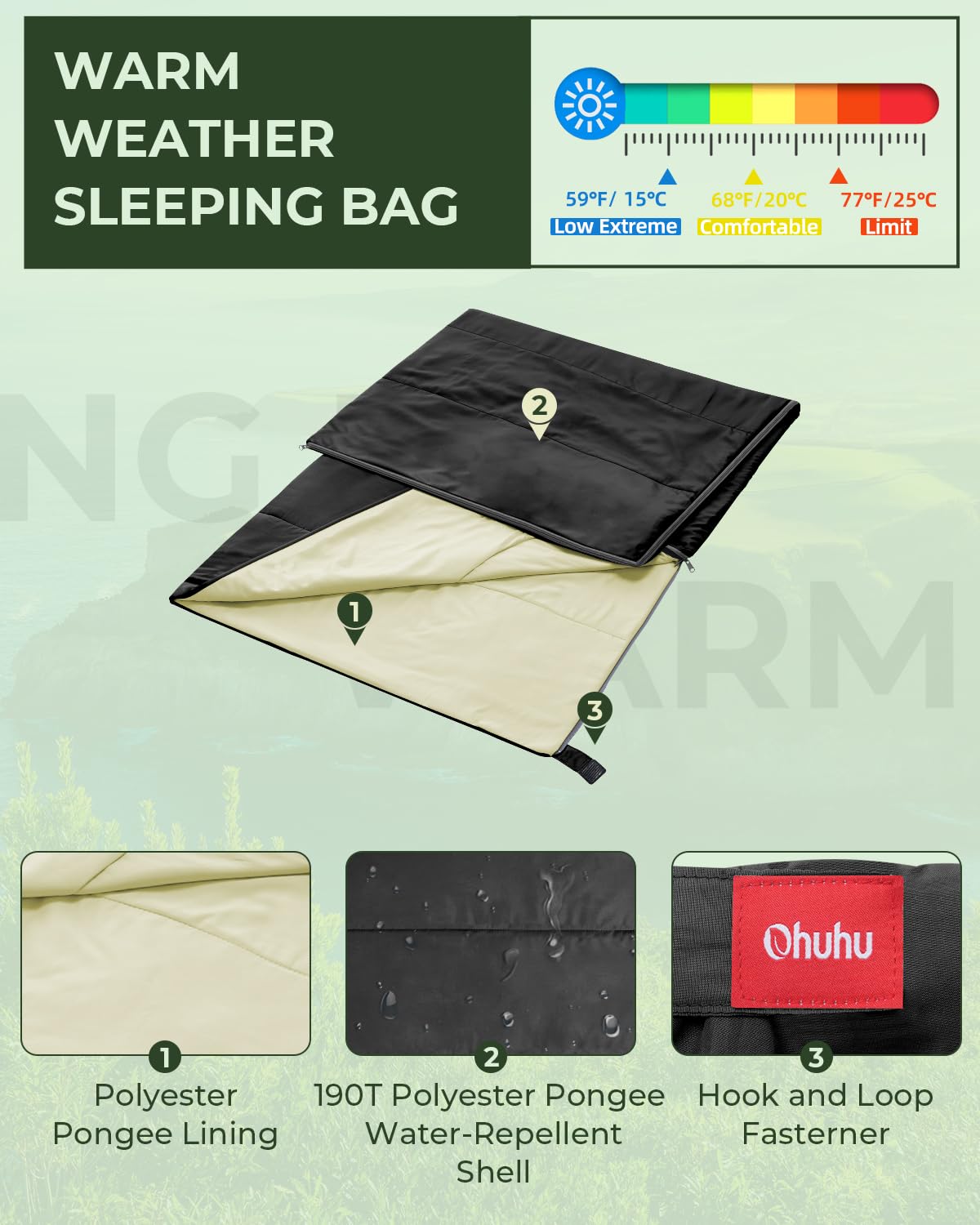 Outdoor sleeping bag, Ohuhu compact & ultralight (860g) for summer, portable lightweight waterproof blanket sleeping bag with compression sack for camping, backpacking, hiking, traveling, black