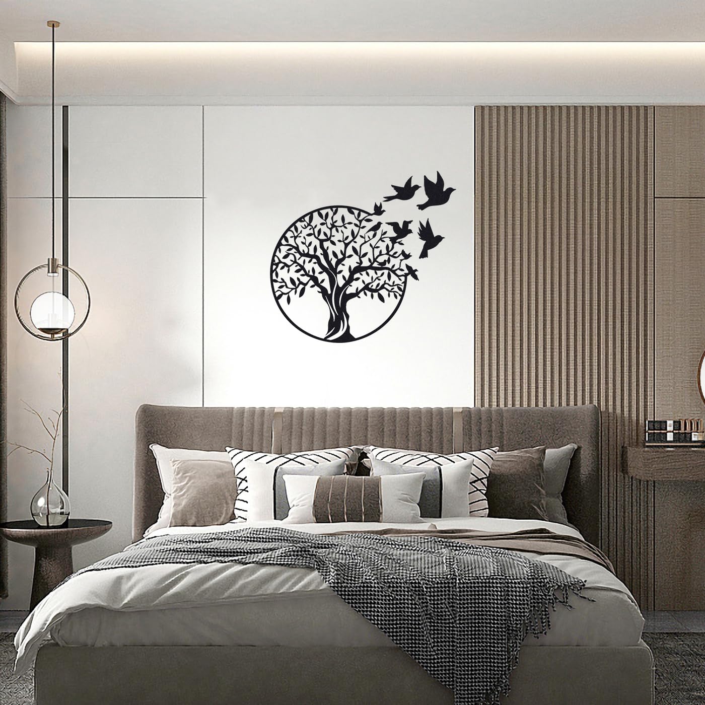 Luccyle metal wall art, Metal Tree of Life wall decoration silhouette, family tree with birds on branch, home decor for bedroom, living room, kitchen (Black, 49x49cm)