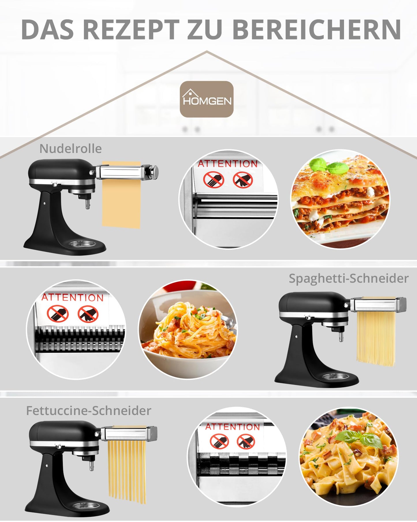 HOMGEN Pasta Attachment Set for KitchenAid stand mixers, including pasta sheet roller, spaghetti cutter & fettuccine cutter. Stainless steel pasta roller accessory with 8 adjustable speeds, 3 parts.