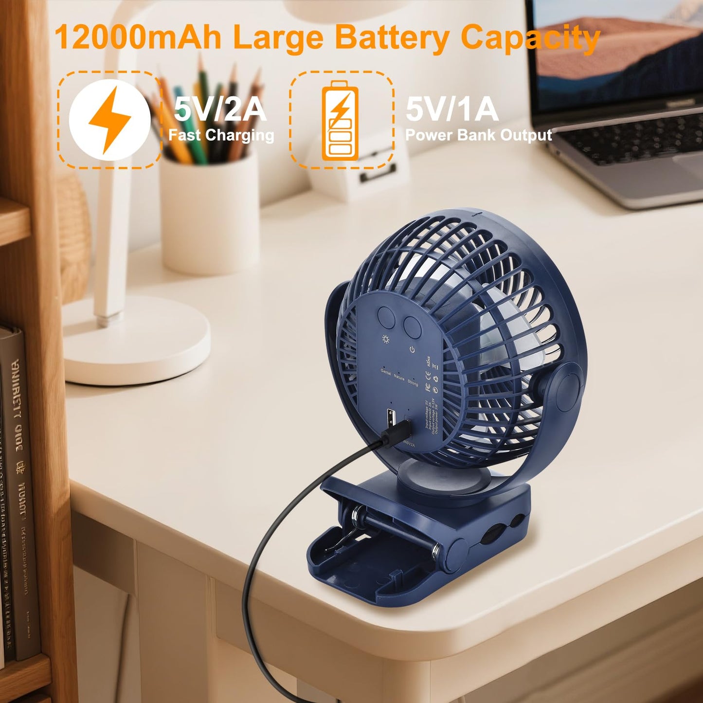 GOBRILLFUN 6 inch 12000mAh Remote Control Clip-on Fan, LED Night Light, 3 Speeds, Portable Personal USB Fan for Home, Office, RV, Outdoor Camping - Blue