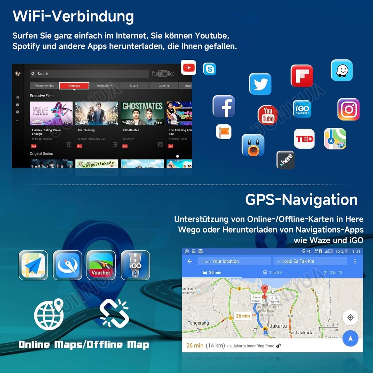 JUNHUA 10.1" Android 14 2GB+64GB car radio navigation system for Renault Master 2019-2023, Opel Movano B 2019-2021, Nissan NV400 2019-2023. Features 1280x800 IPS display, wireless Carplay, Android Auto, Bluetooth 5.1, and WiFi.
