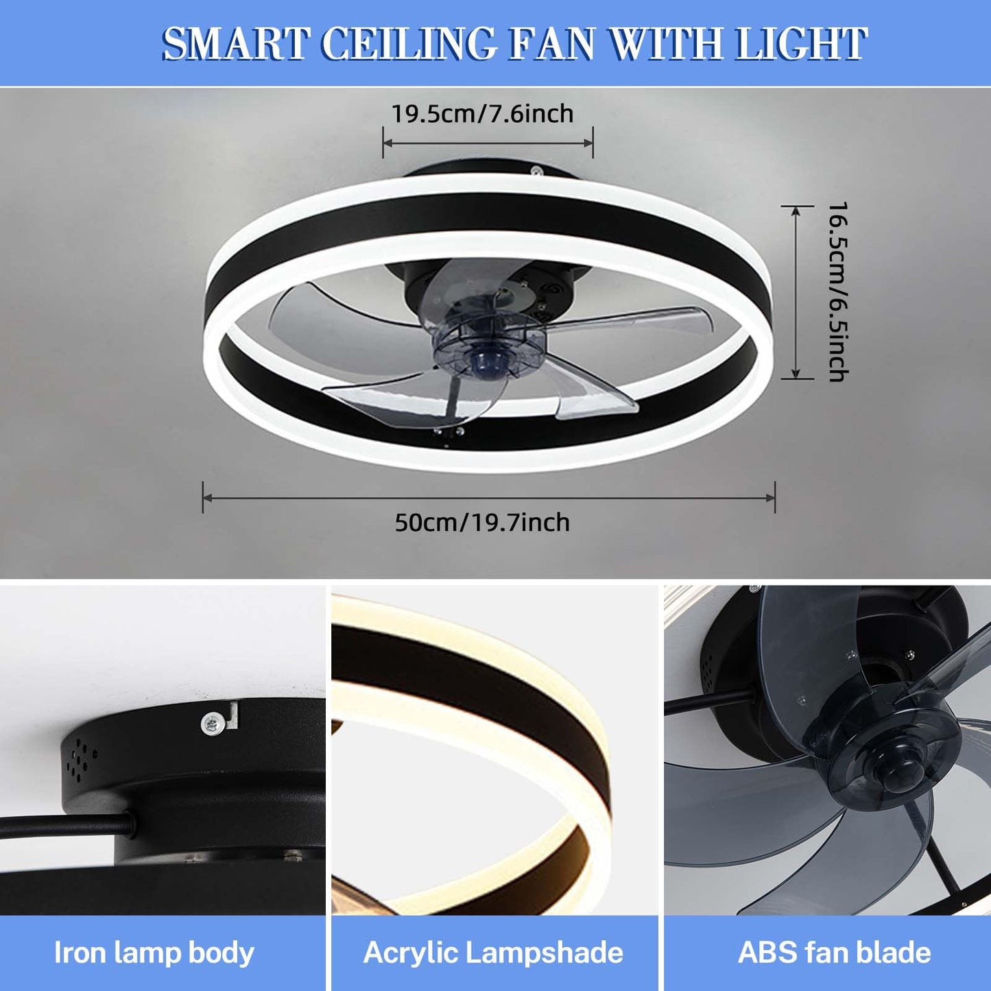 EIDISUNY Ceiling Fan with Light, Modern LED Ceiling Lamp with Fan and Remote Control, 3 Color Temperatures, Quiet Ceiling Fan with Light for Living Room Bedroom (Black-60W)