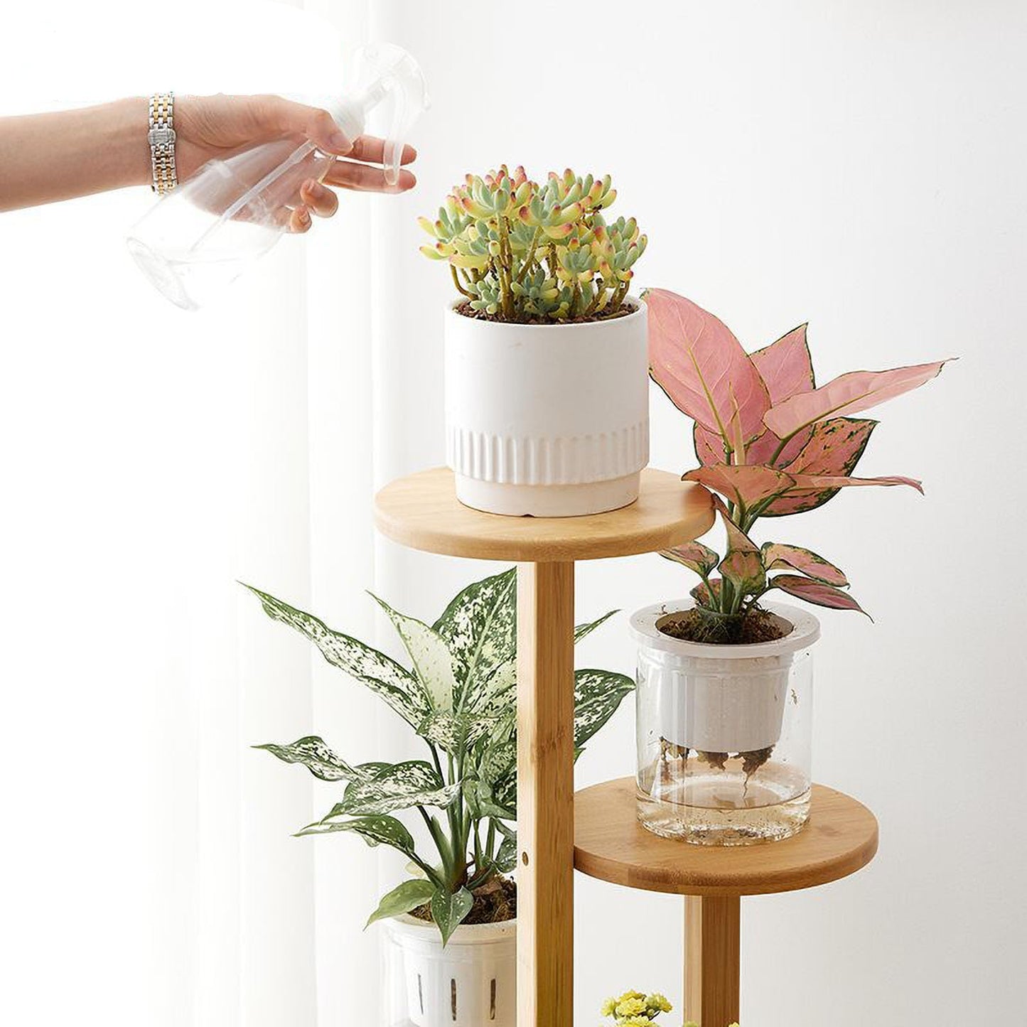 HMAKGG Bamboo Flower Stand with Wheels, 5-Tier Plant Stand 90CM Flower Shelf Balcony, Flower Steps Inside for Flower Pots, Natural Plant Shelf for Living Room Bedroom Garden, Ø19cm