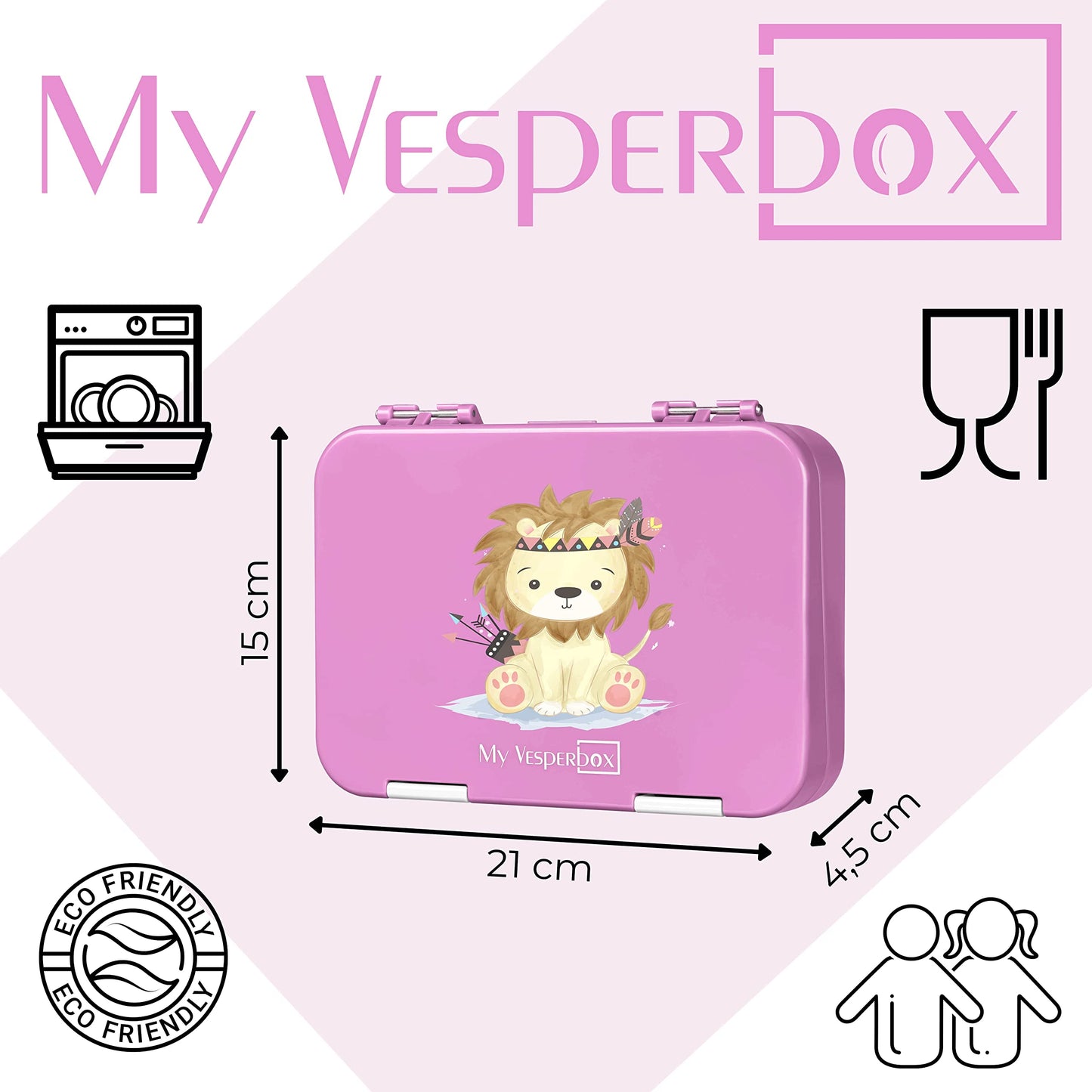 My Vesperbox - Len - Bento Box for Kids - Lunchbox with 4+2 compartments - extremely durable - sandwich box - ideal for kindergarten and school... (Pink - Native American lion with arrows)