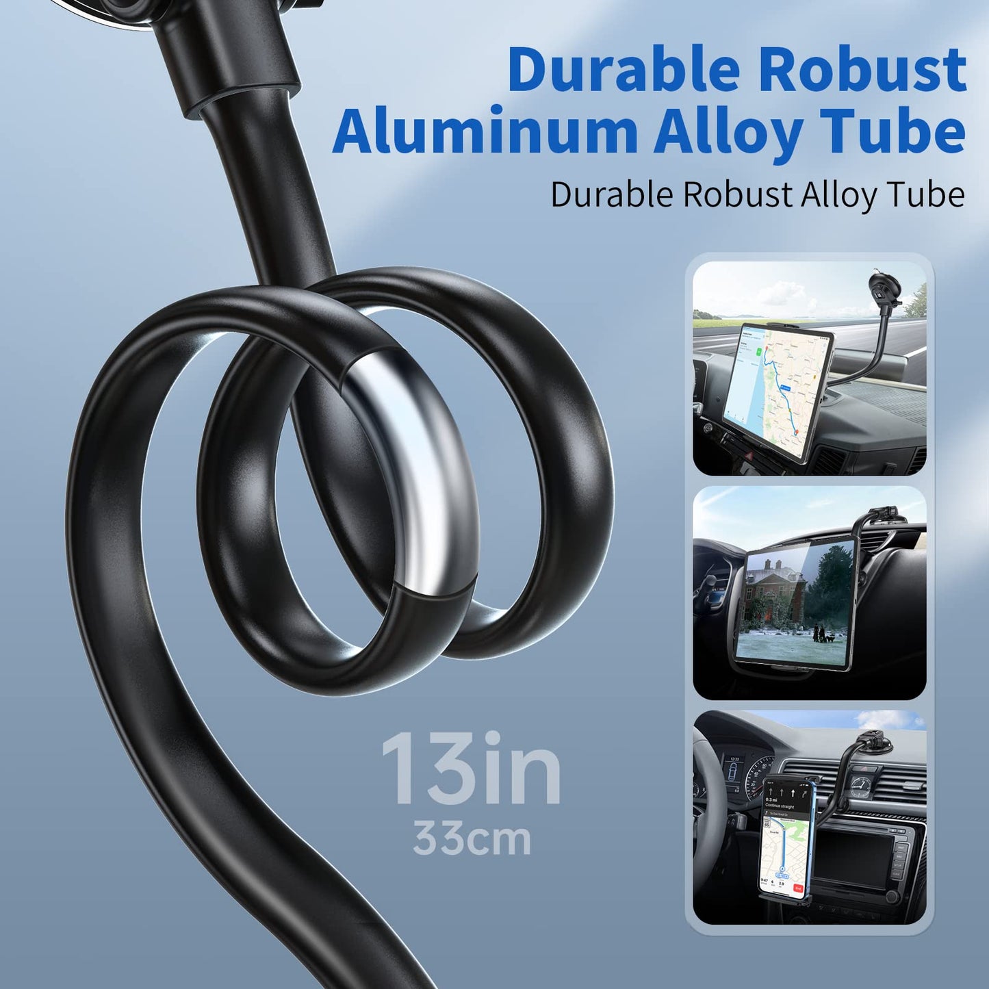 APPS2Car tablet holder for car, suitable for 7.9-11 inch tablets like iPad mini/9.7/10.2/10.5 and more. Features a 13" long arm, anti-vibration design, and 360 degree adjustability.