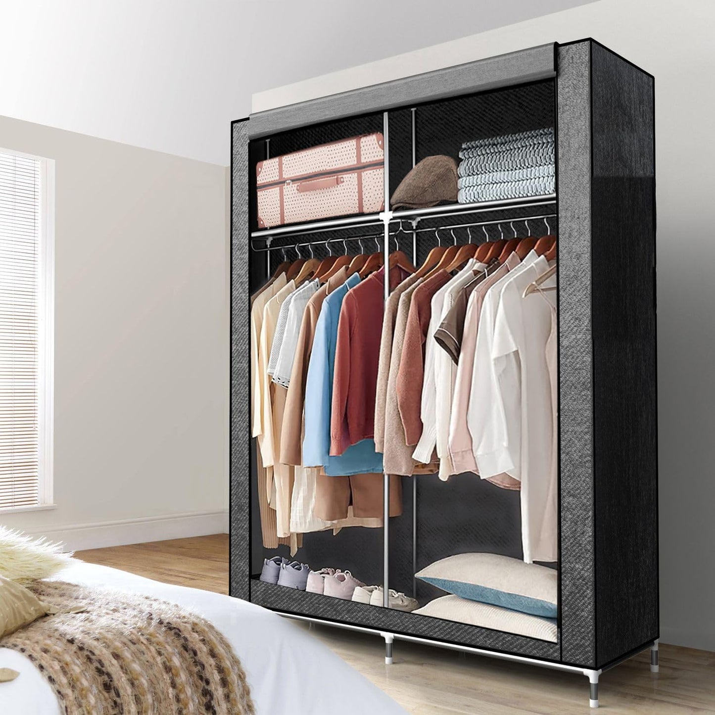 INTIRILIFE Folding Wardrobe 108x45x170 cm in GREY - Fabric wardrobe with zipper and clothes rail, side pocket and compartments - Shelving unit, metal frame, storage.