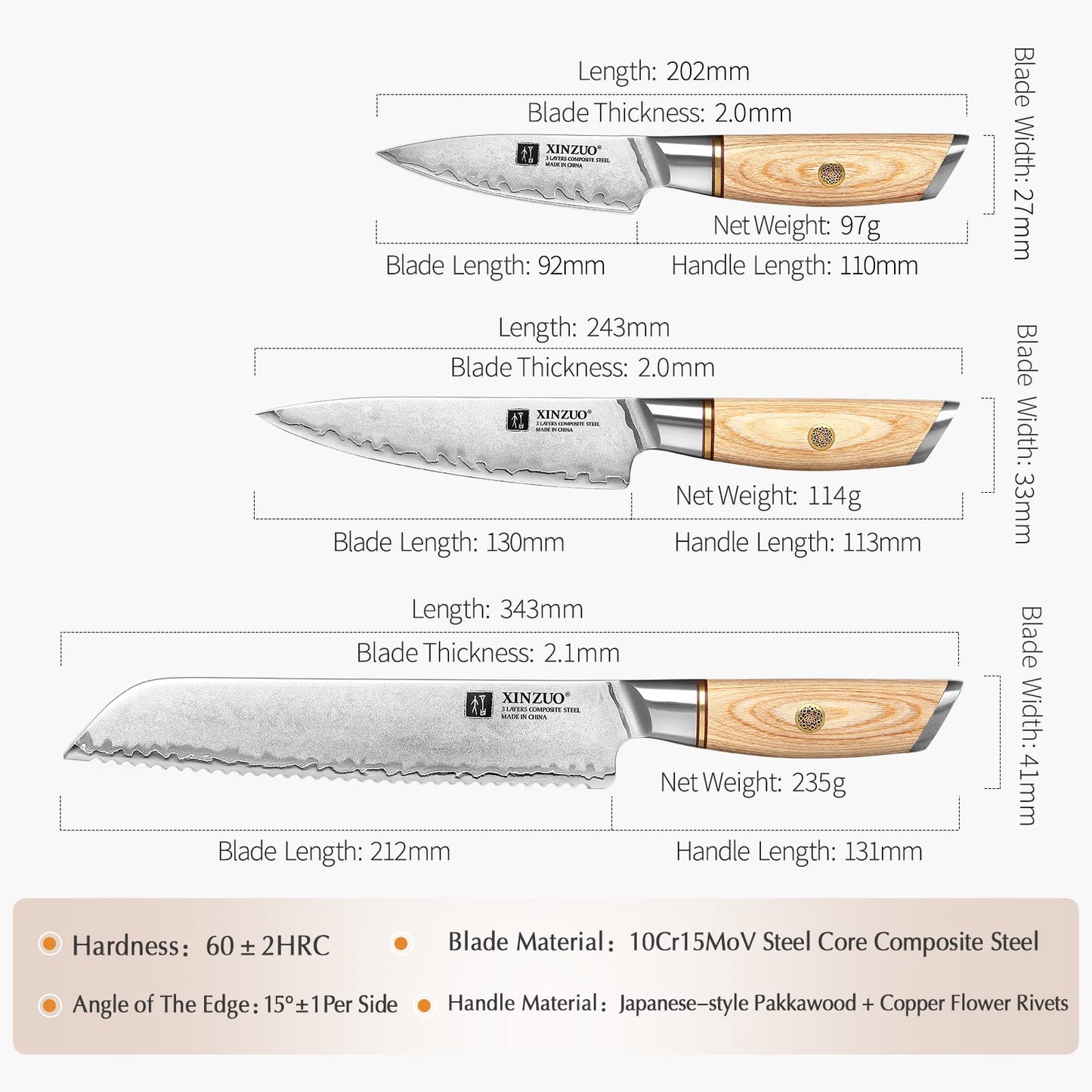 XINZUO 5-piece kitchen knife set made of composite steel, chef's knife set with 3 layers of composite steel 10Cr15CoMoV steel core, professional sharp Japanese knife set with Pakkawood handle.
