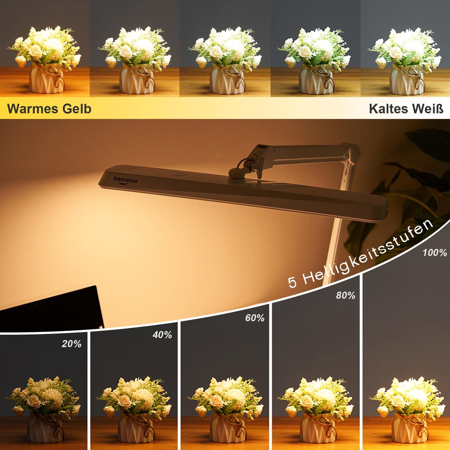bemelux Rotatable LED desk lamp with clamp, 24W, 2000 lumens, 56cm ultra-wide lampshade, 234 SMD LEDs, 5 brightness levels, 5 adjustable color temperatures (White)