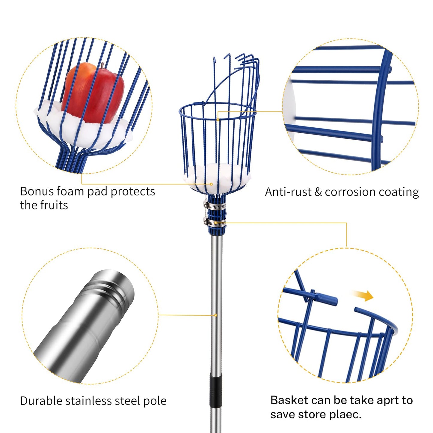 MaidMAX fruit picker with telescopic stainless steel handle 4 meters, apple picker with joint and foam pad, gripper with basket for fruit apple orange, light stable and space-saving.
