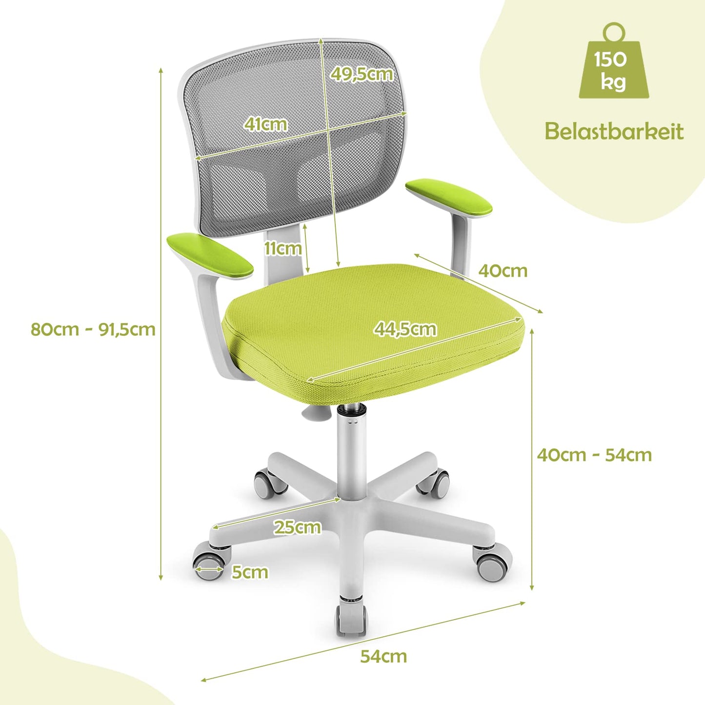 COSTWAY 360° swivel kids desk chair, 80-91.5 cm adjustable height youth chair with backrest & armrests, computer chair with 5 wheels for kids aged 3-10 years old (Green)