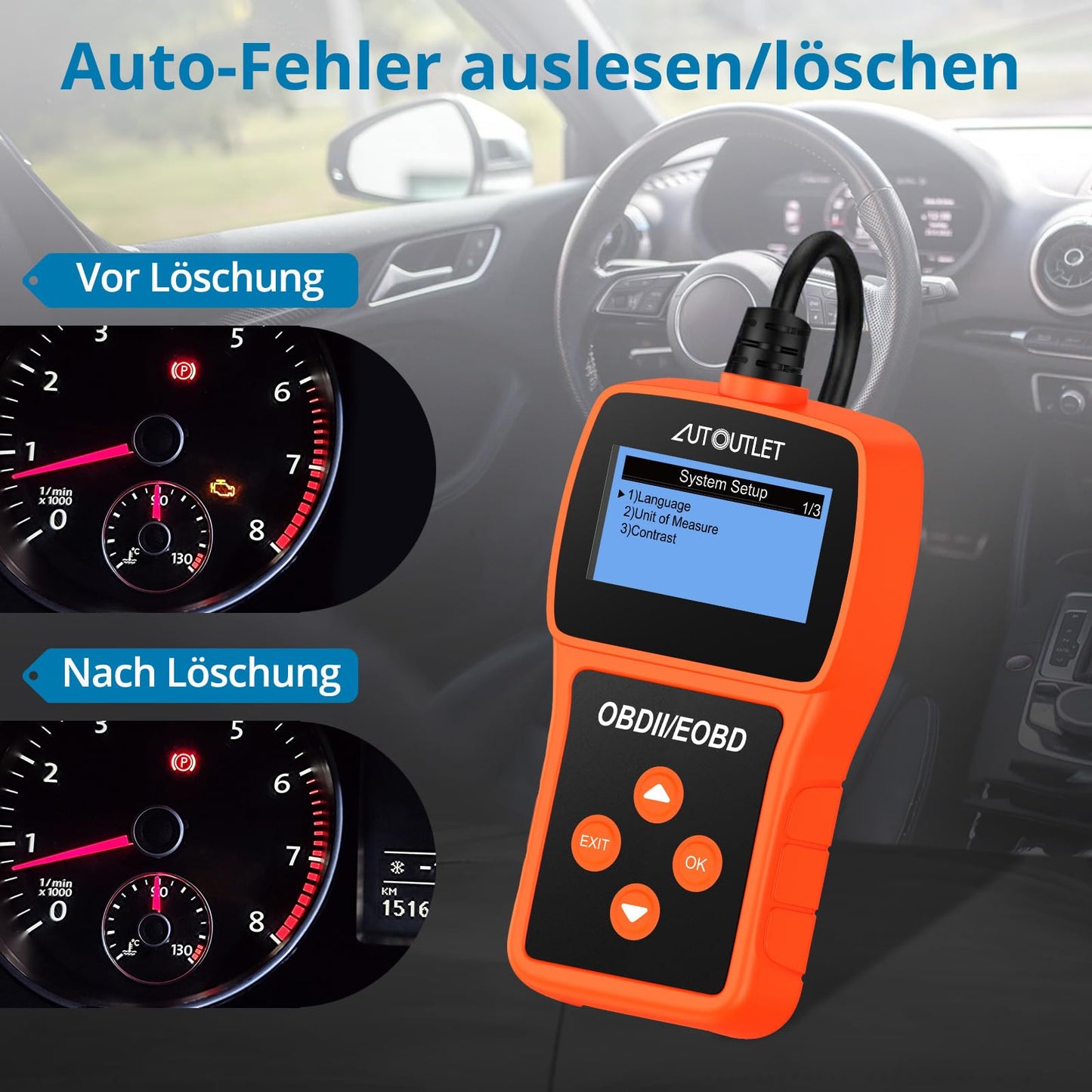 AUTOUTLET OBD2 diagnostic tool, car OBD2 scanner code reader with DTC definition, 10 languages, voltage detection and monitoring, automotive fault code reader.