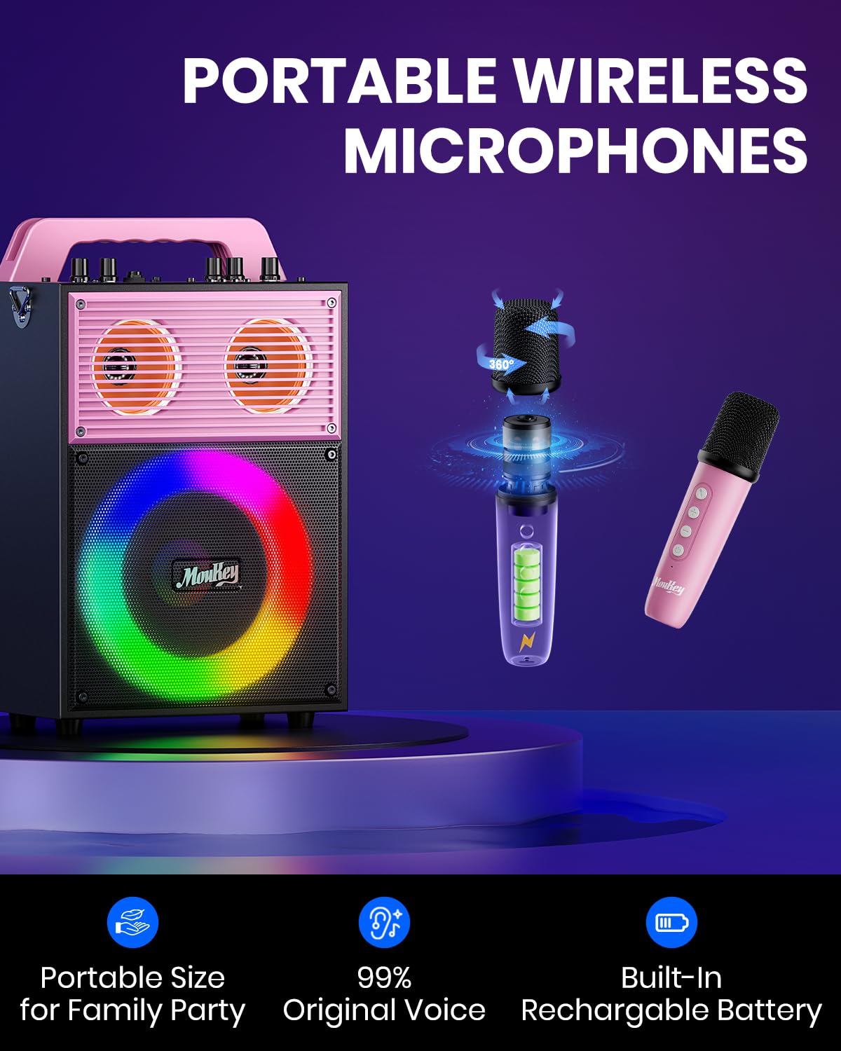 Moukey Karaoke Machine for adults and kids, portable PA system, Bluetooth party speaker with 2 wireless microphones and disco light, TWS/AUX/USB/TF/FM, Echo/Treble/Bass adjustment - MPS4 Pink