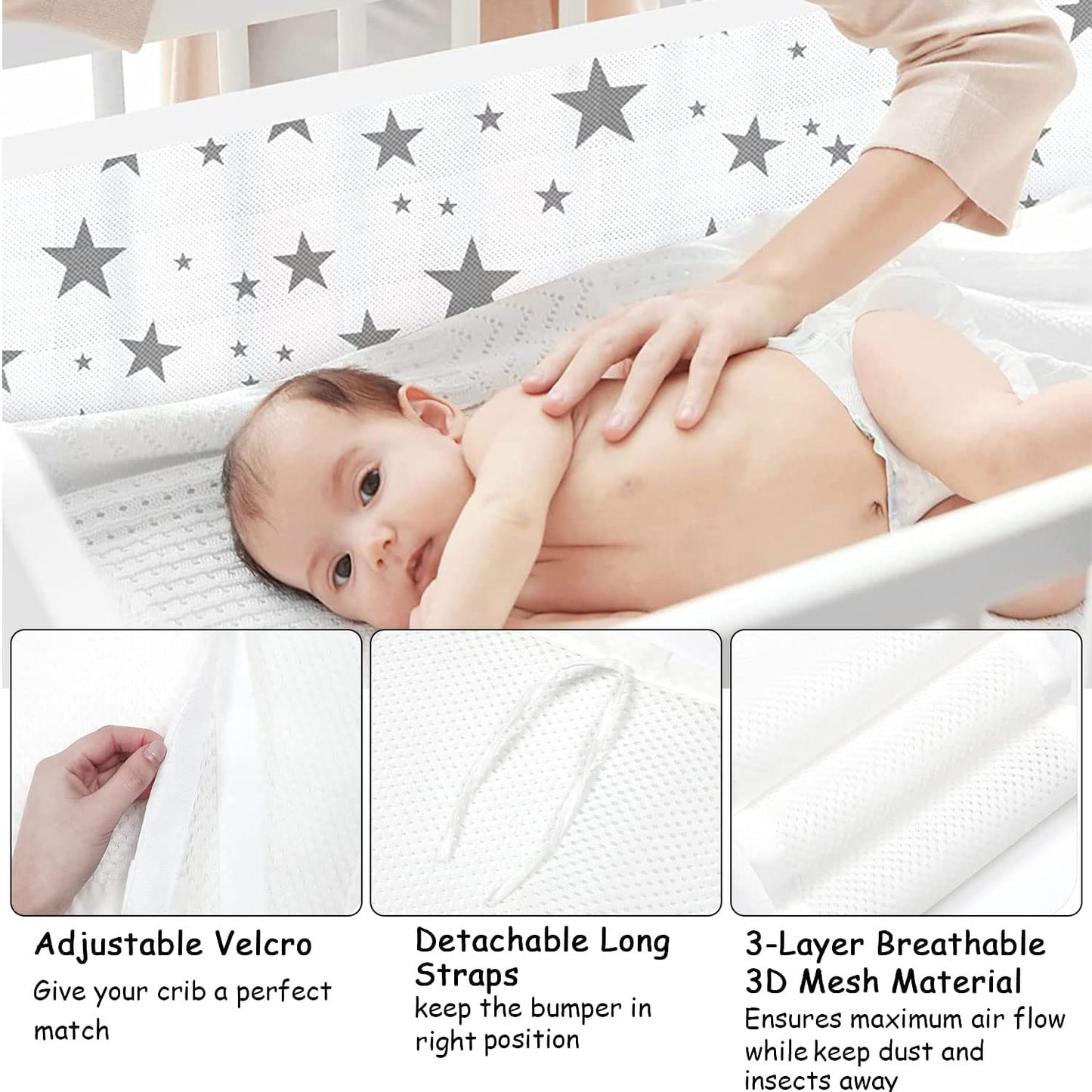Crib Bumper Pad, 2 Pack Baby Bumper, Head Bumper for Baby Crib, Breathable Crib Bumper, Baby Crib Breathable Protection, Bumper Pads for Toddler Beds, Crib Rail Padding.