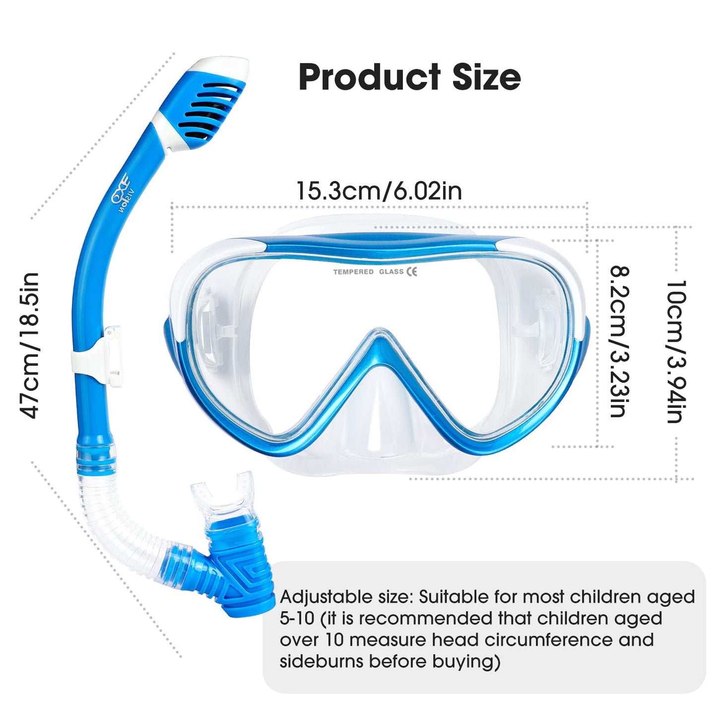 Kids snorkel set with dry snorkel & safety glass diving mask Soft liquid silicone kids diving mask Anti-fog snorkel set for kids 4-14