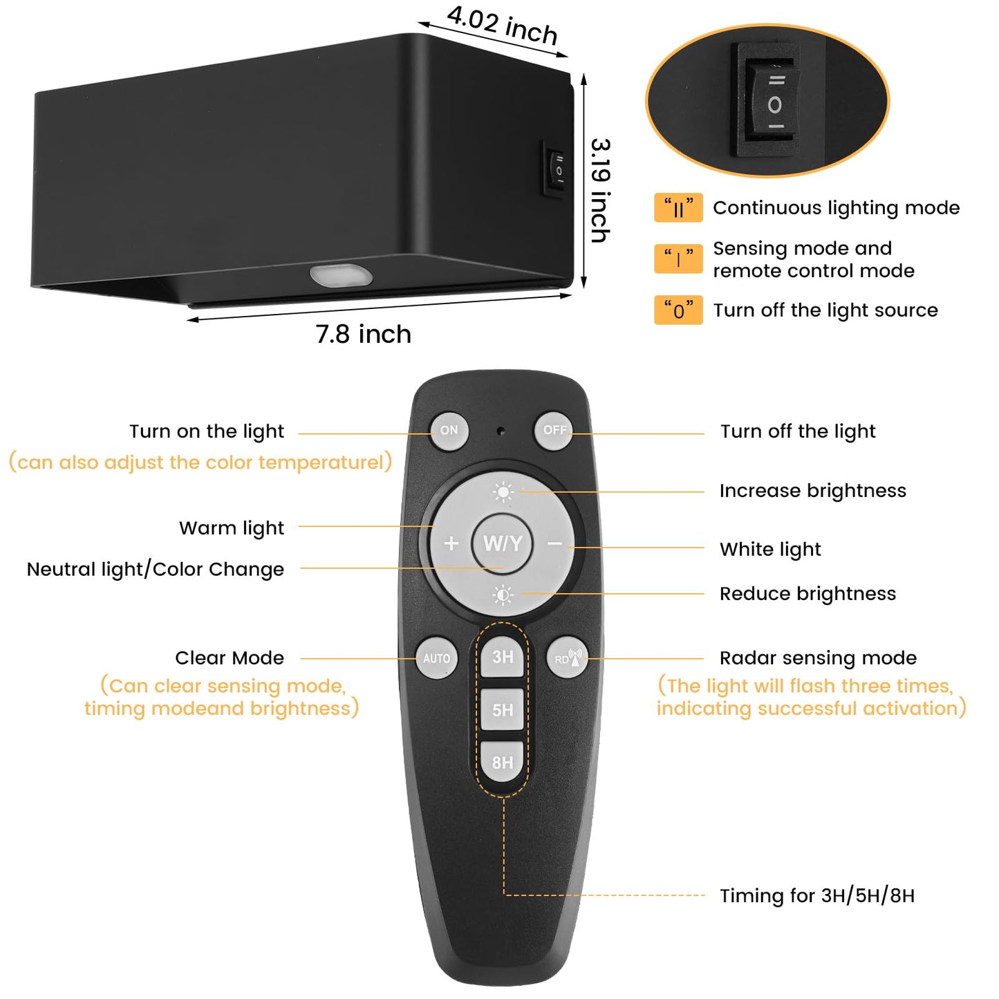 Wireless battery wall light with motion sensor, USB-C rechargeable battery wall lamp with timing function, 6W LED dimmable wall light with remote control, indoor wall lighting with switch, black.