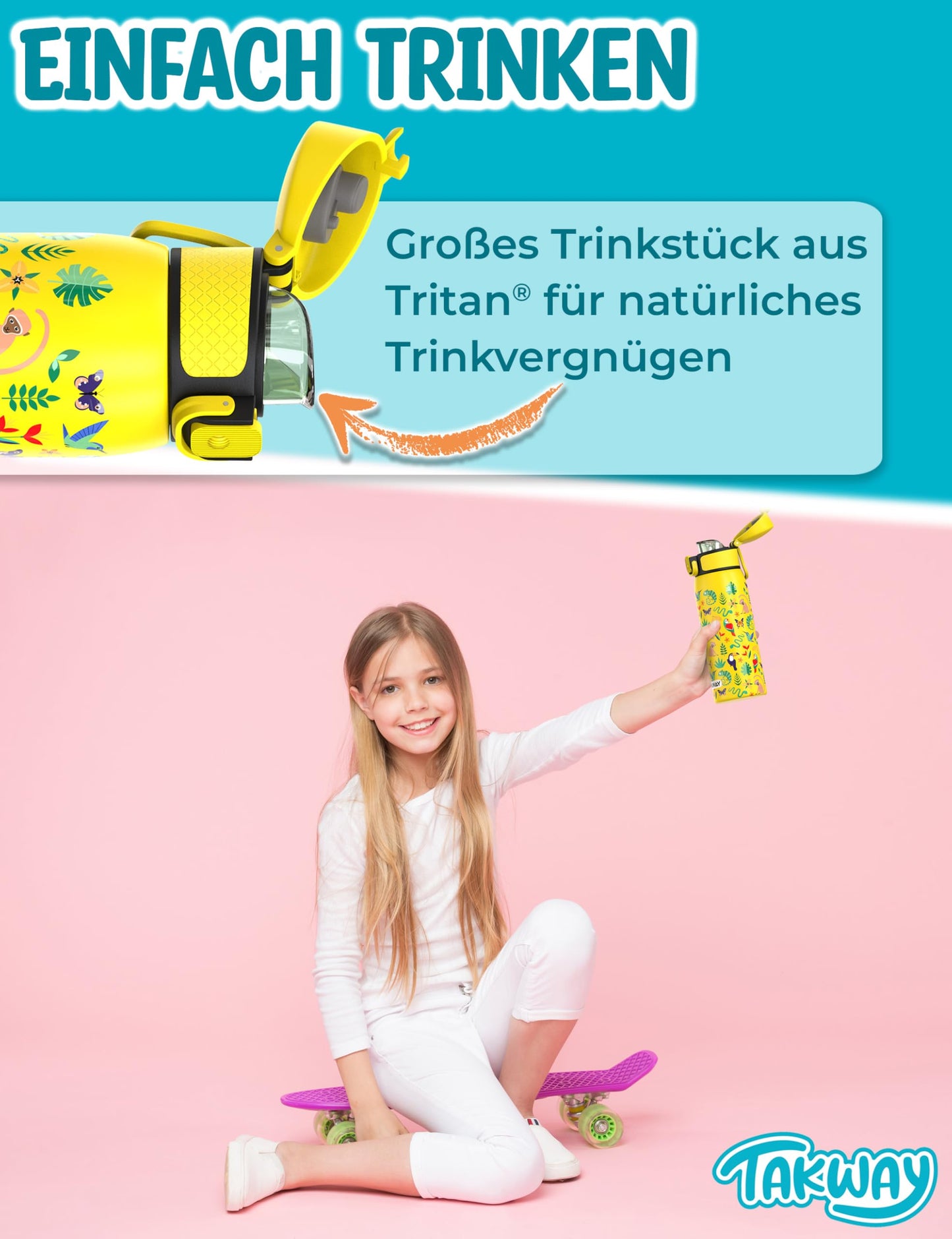 TAKWAY stainless steel water bottle for kids 550ml - Leak-proof, insulated and suitable for carbonated drinks - Ideal for school, sports (Monster)