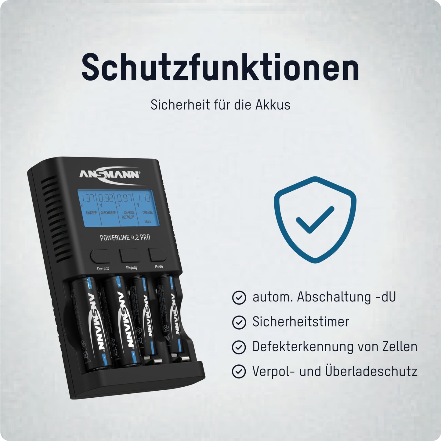 ANSMANN Battery Charger Powerline 4.2 Pro - Charger for AA and AAA batteries, LCD display, individual charging slots, safety protection.