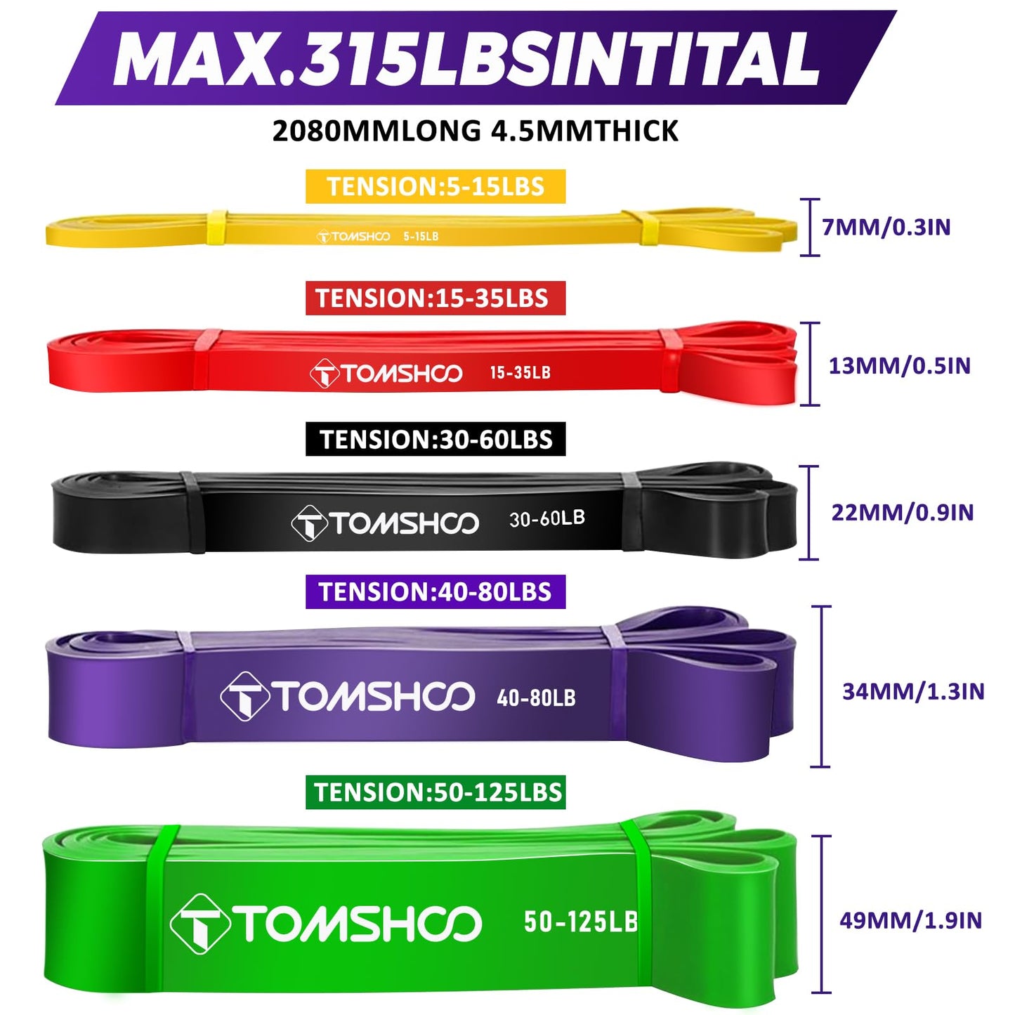 Tomshoo Elastic Strength Training Band, 5 resistance bands + 1 door anchor + 1 handle, made of natural latex, elastic, for sports, strength training, Pilates, Yoga, dancing, fitness, with storage bag.