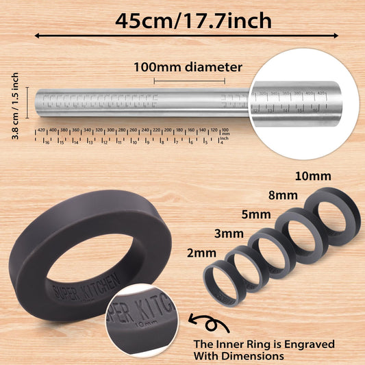 SUPER KITCHEN Adjustable Stainless Steel Rolling Pin with Removable Silicone Rings in 5 Sizes, Non-Stick Metal Rolling Pin, Baking Tool for Fondant, Pastry Dough, Pizza, 45cm