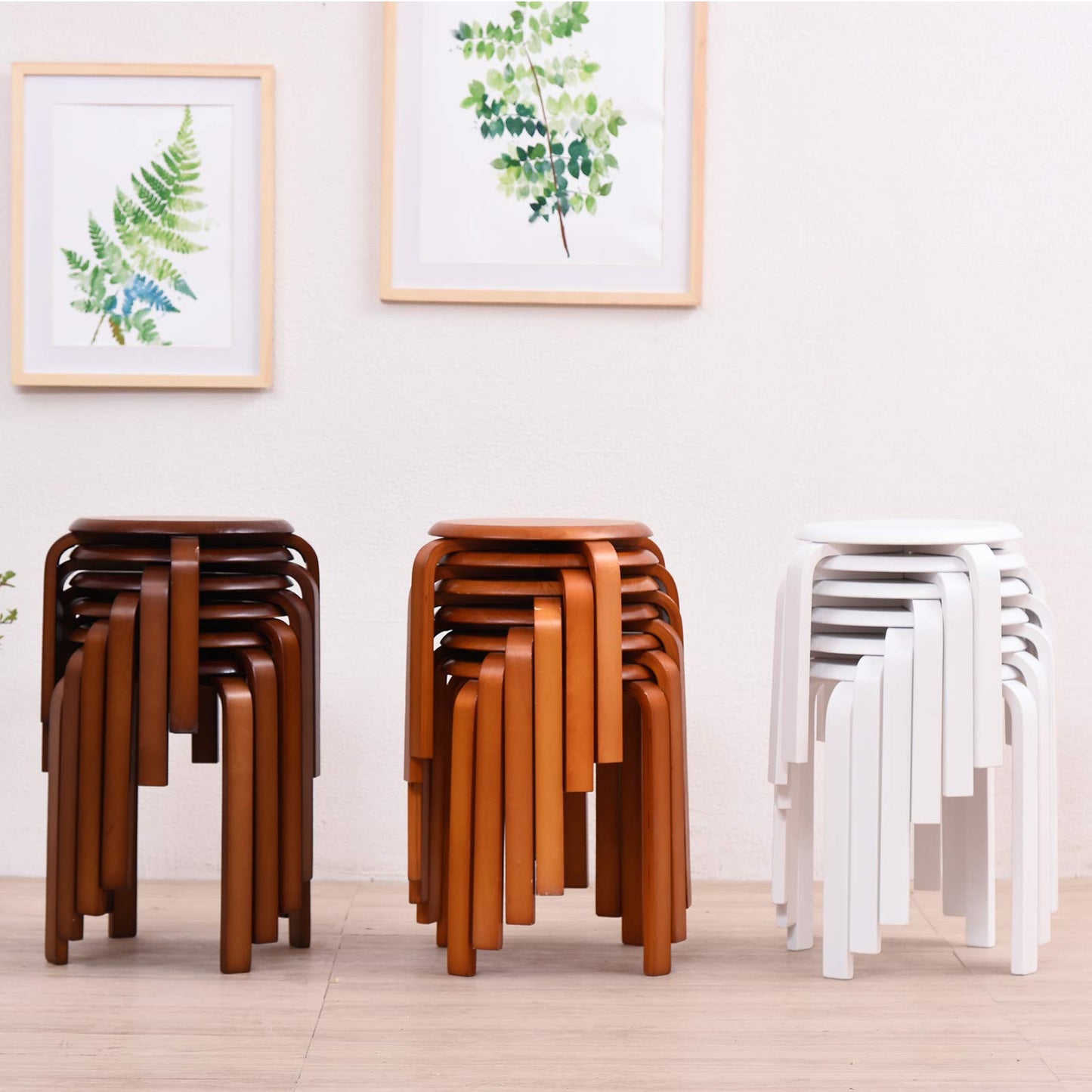 IBUYKE 4-piece dining stool set, wooden stackable chair with non-slip mat, stackable stool for classroom, your kitchen, dining, or home pub area White RF-717-4