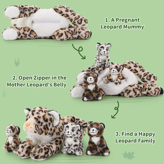 MorisMos 45cm Giant Leopard Stuffed Animal XXL with 3 plush babies in the belly, large lying plush cheetah Leopard XXL, Fluffy plush toy leopard teddy gift for kids