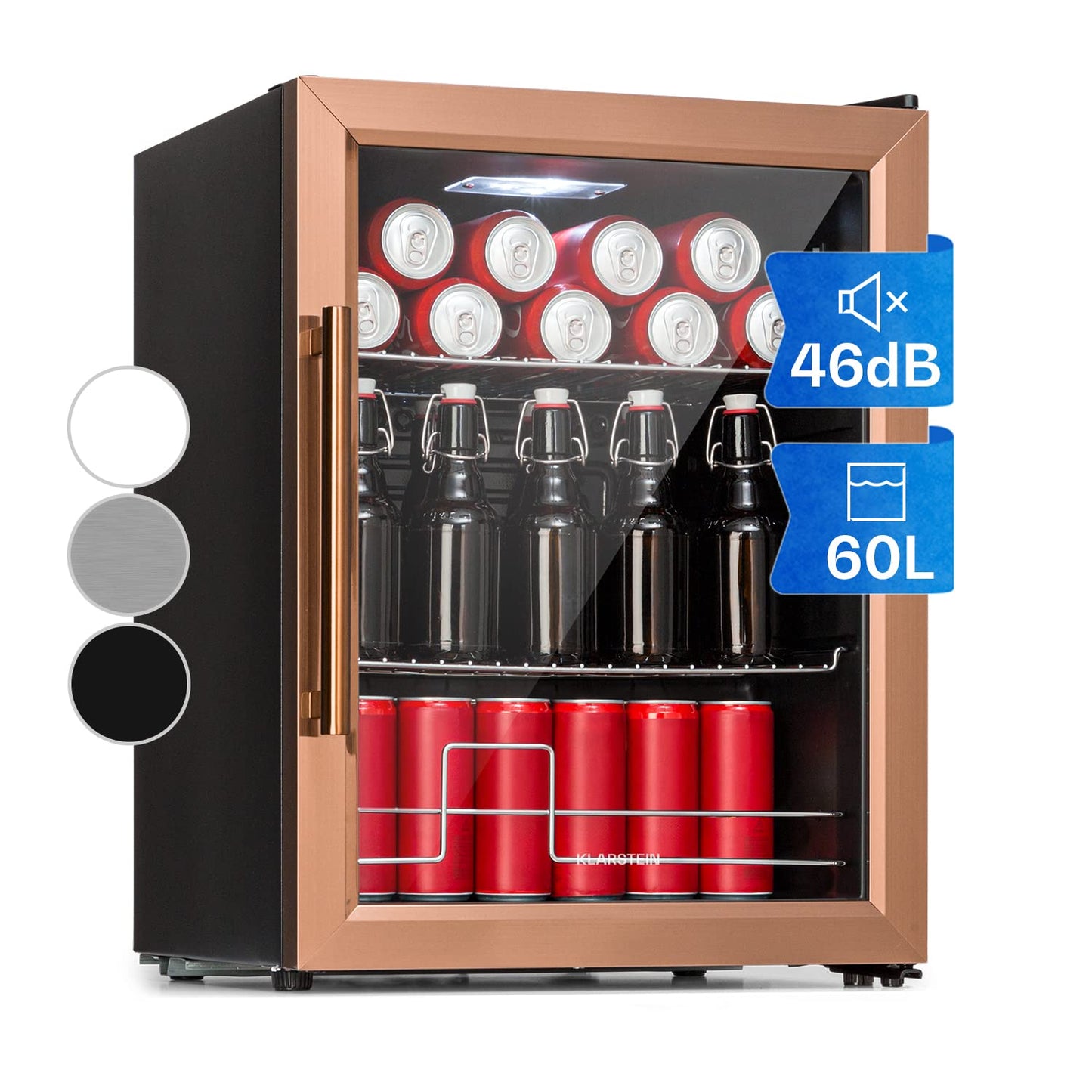 Klarstein Mini Fridge with Glass Door & LED, for Rooms, Beverage Cooler with 2 Shelves, Small, 60L, Indoor/Outdoor, Quiet & Weatherproof, 3-10°C.