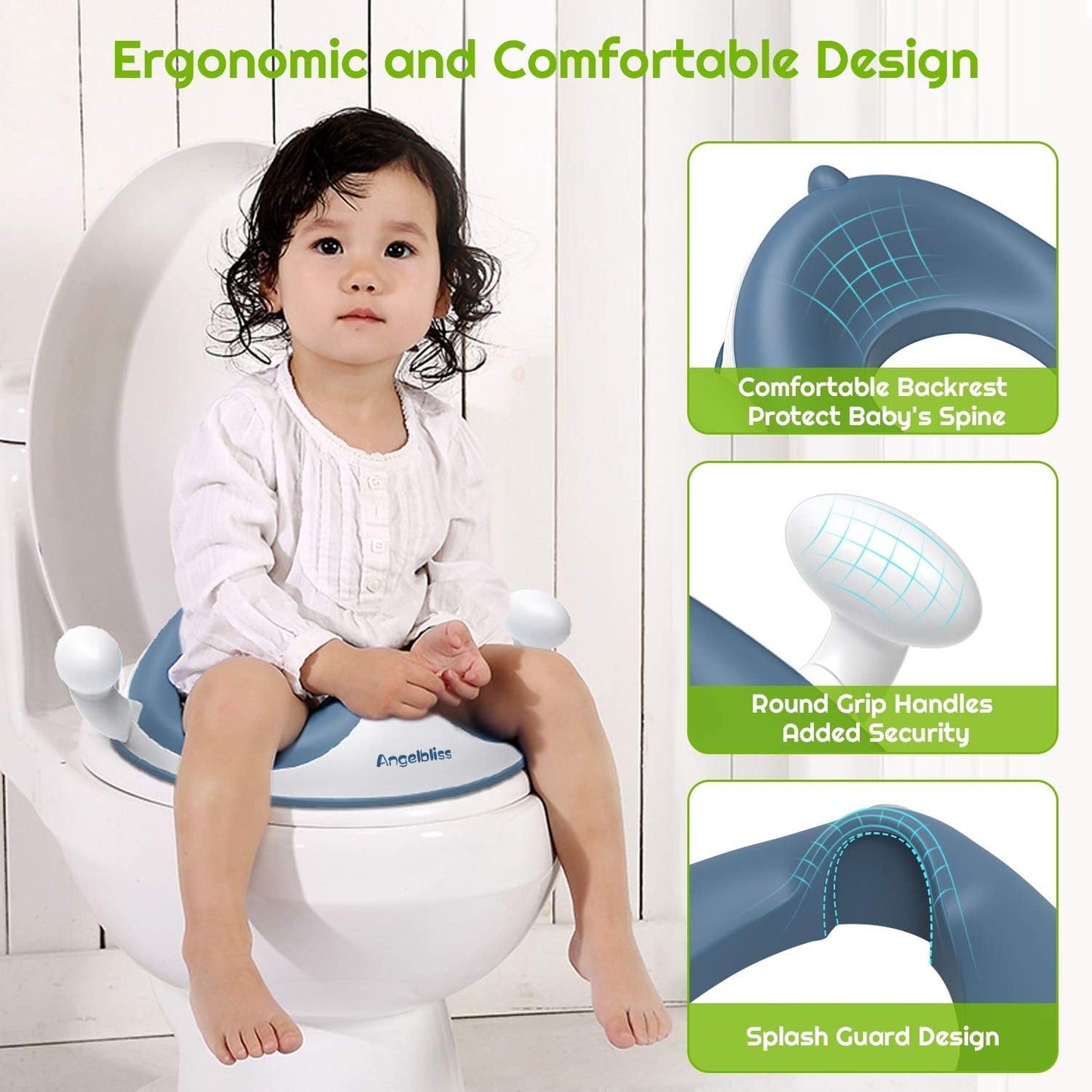 Angelbliss toilet seat for kids, baby potty training toilet trainer, children's toilet seat for boys and girls, double anti-slip cushion seat, with handle and splash guard.
