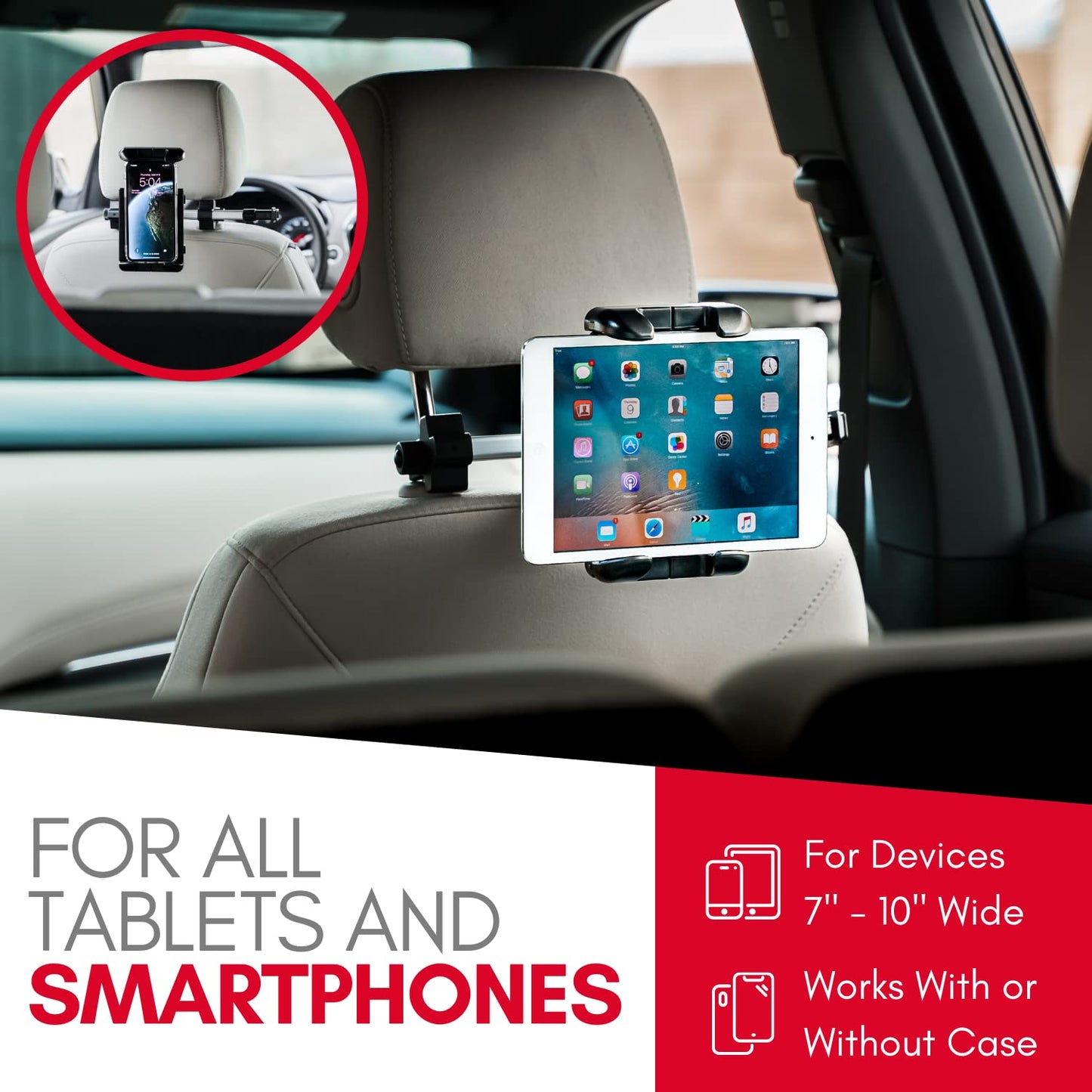 Macally car headrest mount for iPad Pro/Air/Mini, tablets, Nintendo Switch Silver
