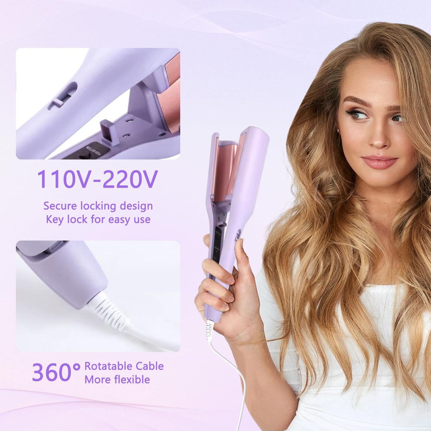 LIROPAU Curling Iron Large Waves, French Wave Curling Iron, 32mm for French Egg Rolls, Wave Iron rods with Adjustable Temperature 30S Swift Heating (Purple)