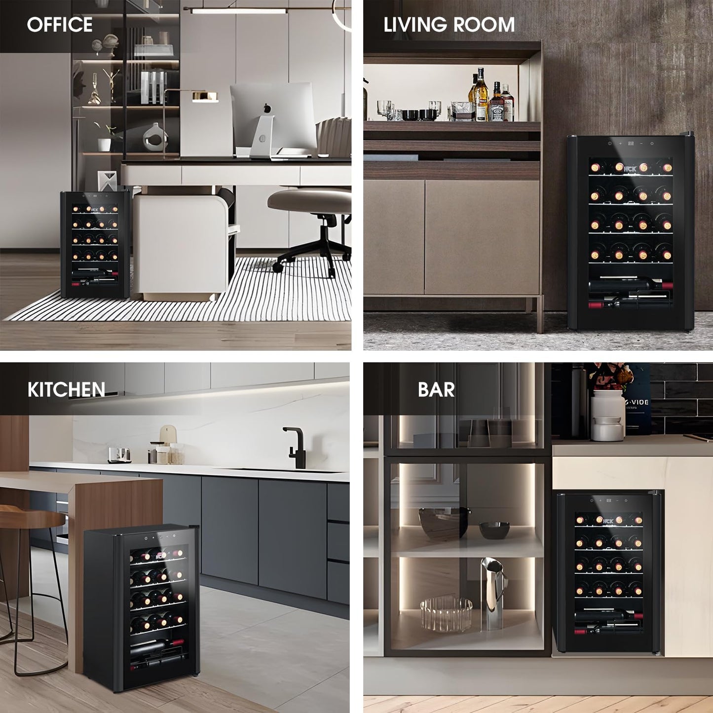 HCK 70L Wine Cooler for 24 bottles, 4-22°C Wine Fridges Bottle Cooler, Beverage Cooler with Glass Door, Quiet Wine Cabinet, Frost-Free Glass Door, Full Glass Touch Panel, Black